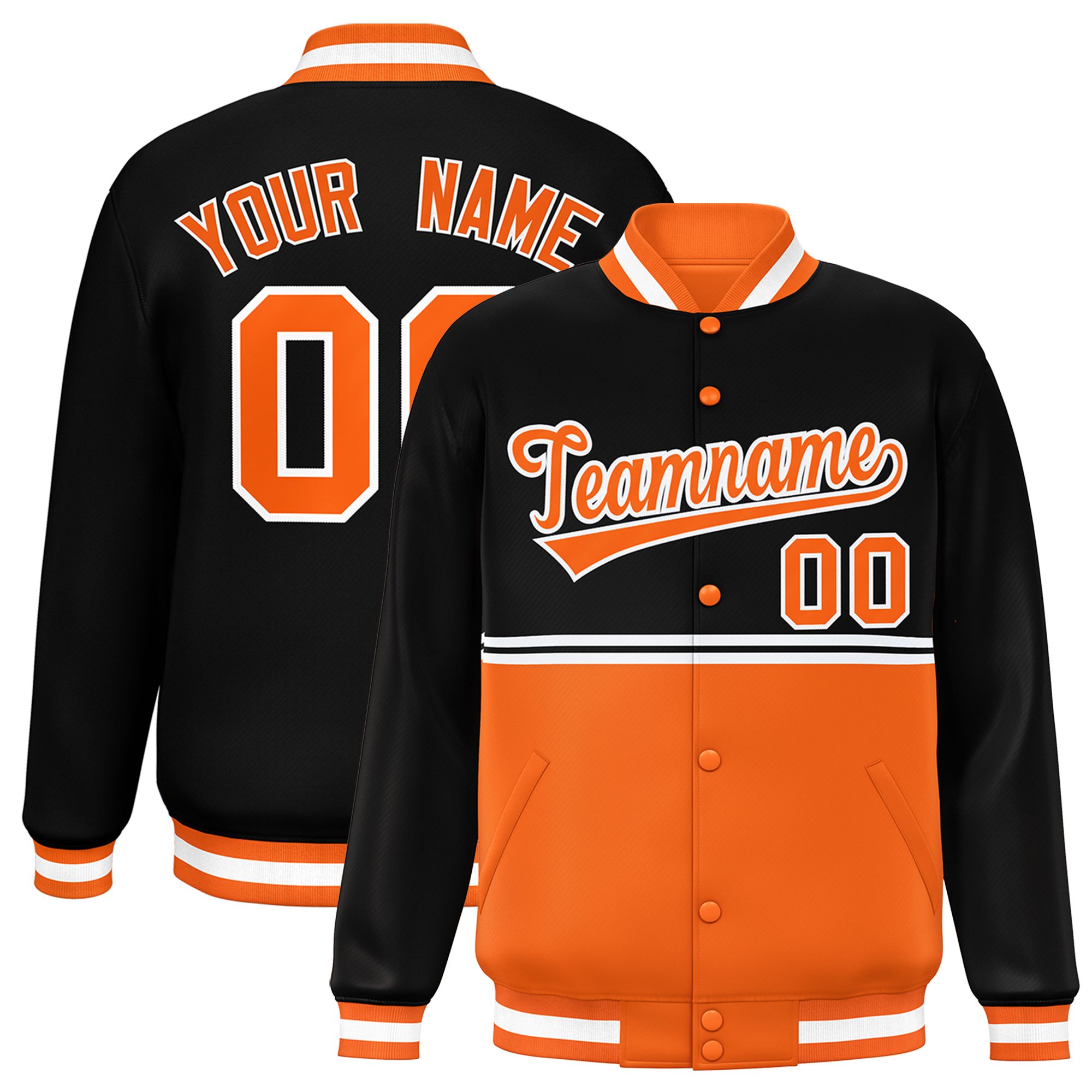 Custom Black Orange Varsity Full-Snap Color Block Letterman Jacket