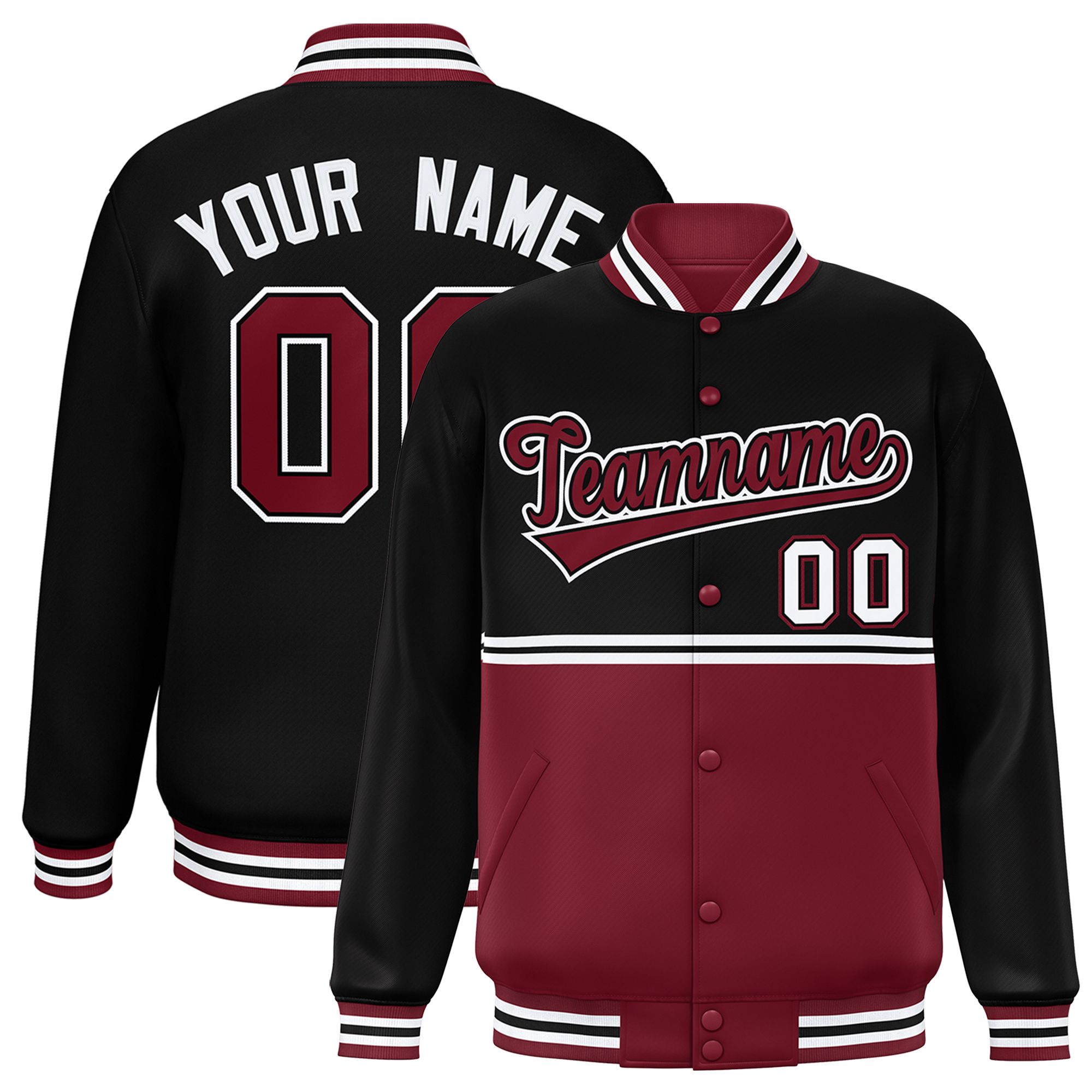 Custom Black Crimson Varsity Full-Snap Color Block Letterman Jacket