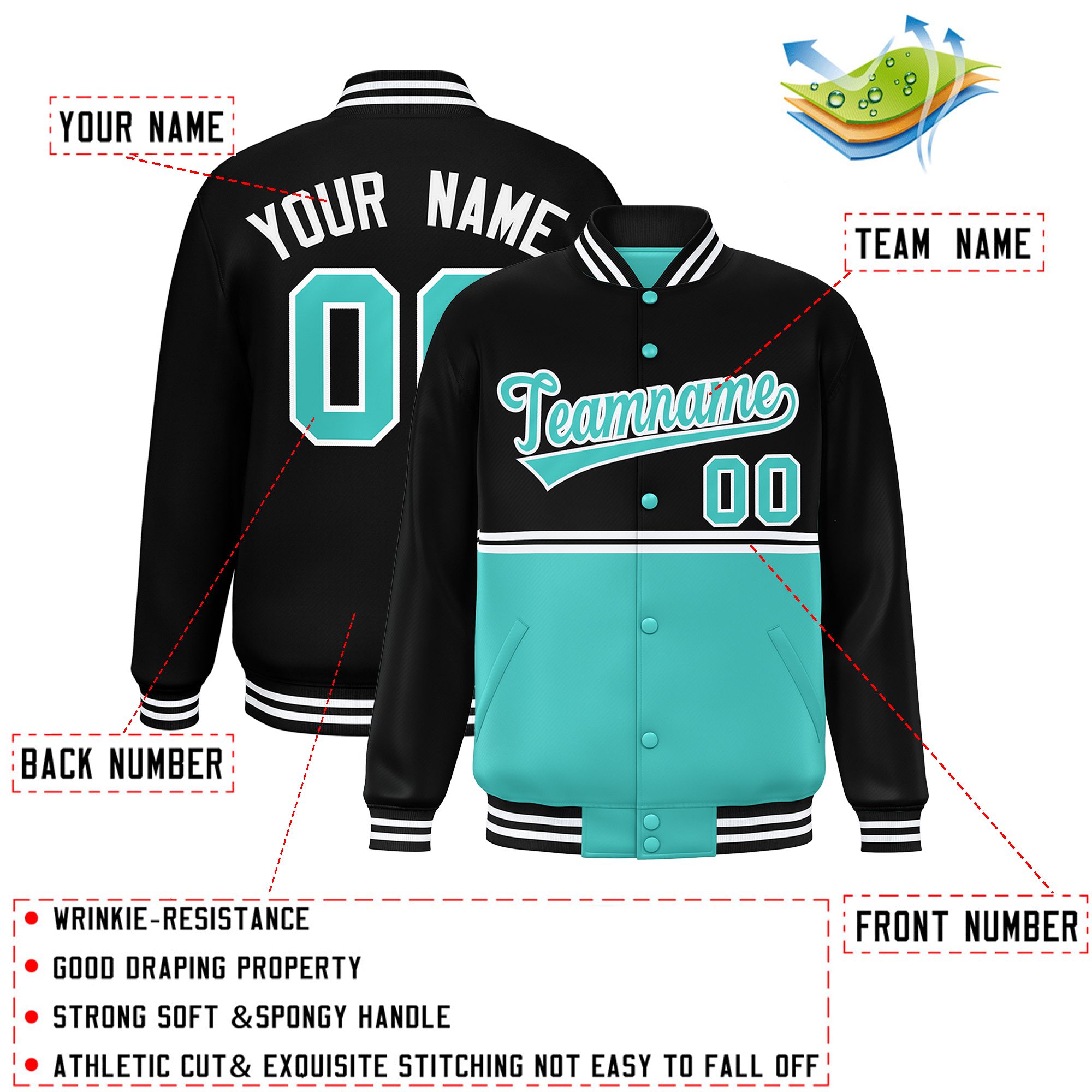 Custom Black Bright Green Varsity Full-Snap Color Block Letterman Jacket