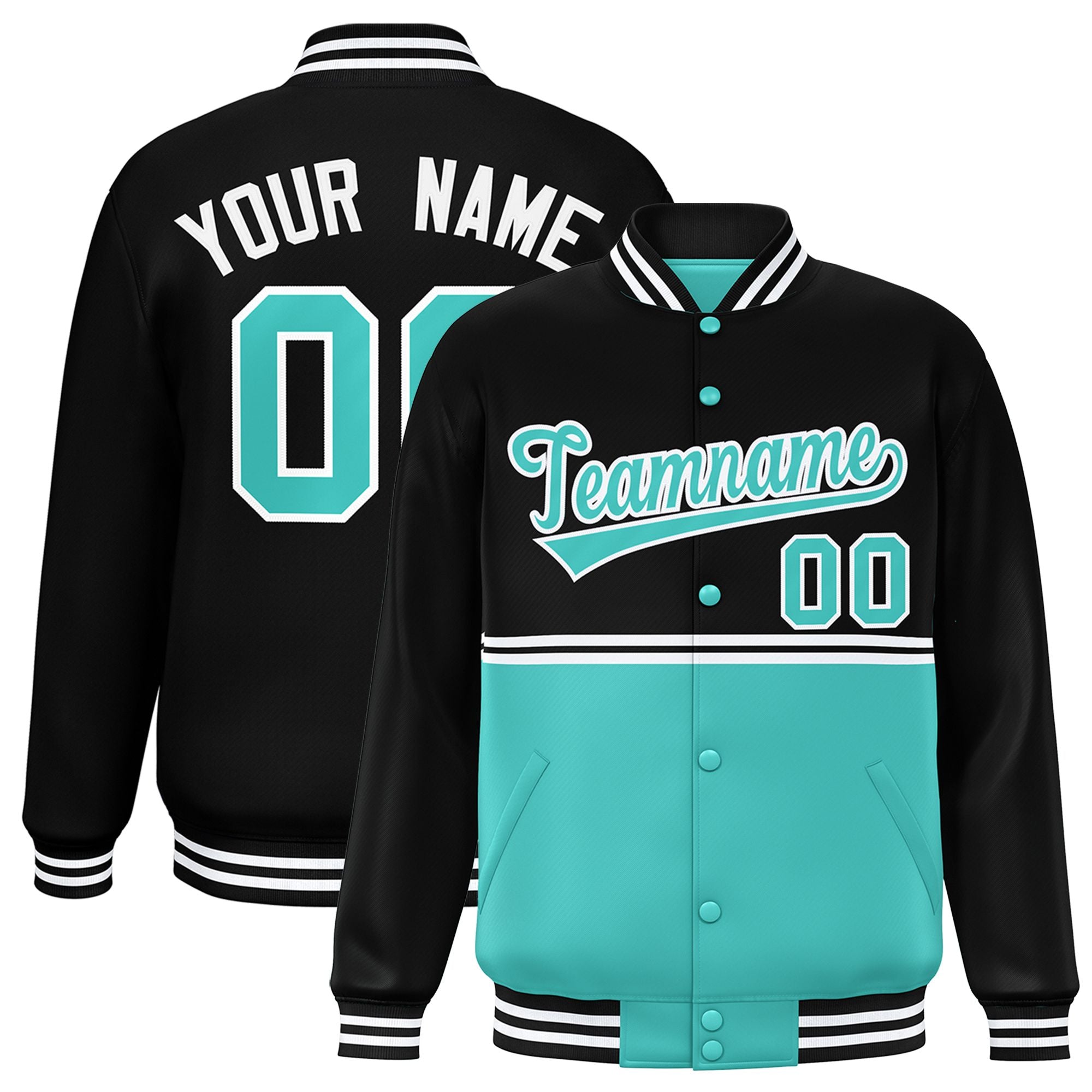 Custom Black Bright Green Varsity Full-Snap Color Block Letterman Jacket