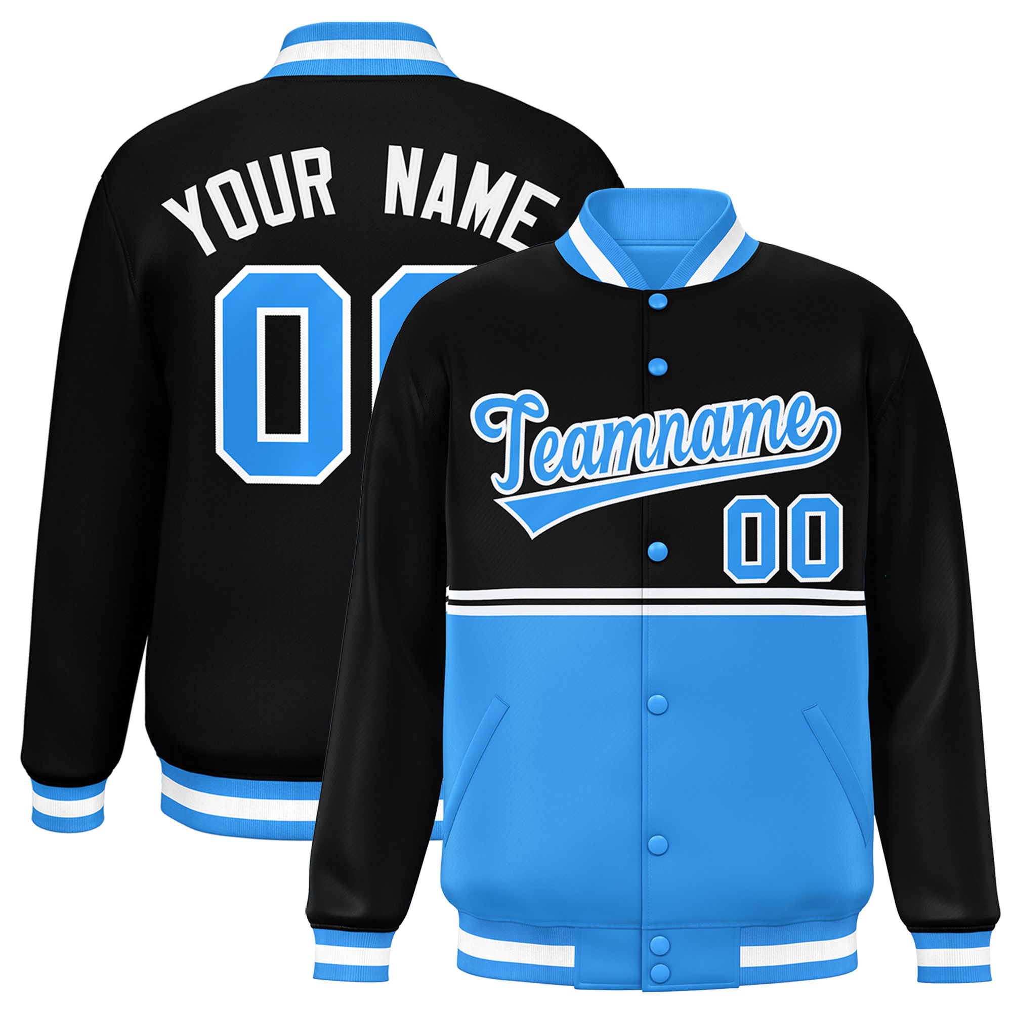 Custom Black Powder Blue Varsity Full-Snap Color Block Letterman Jacket