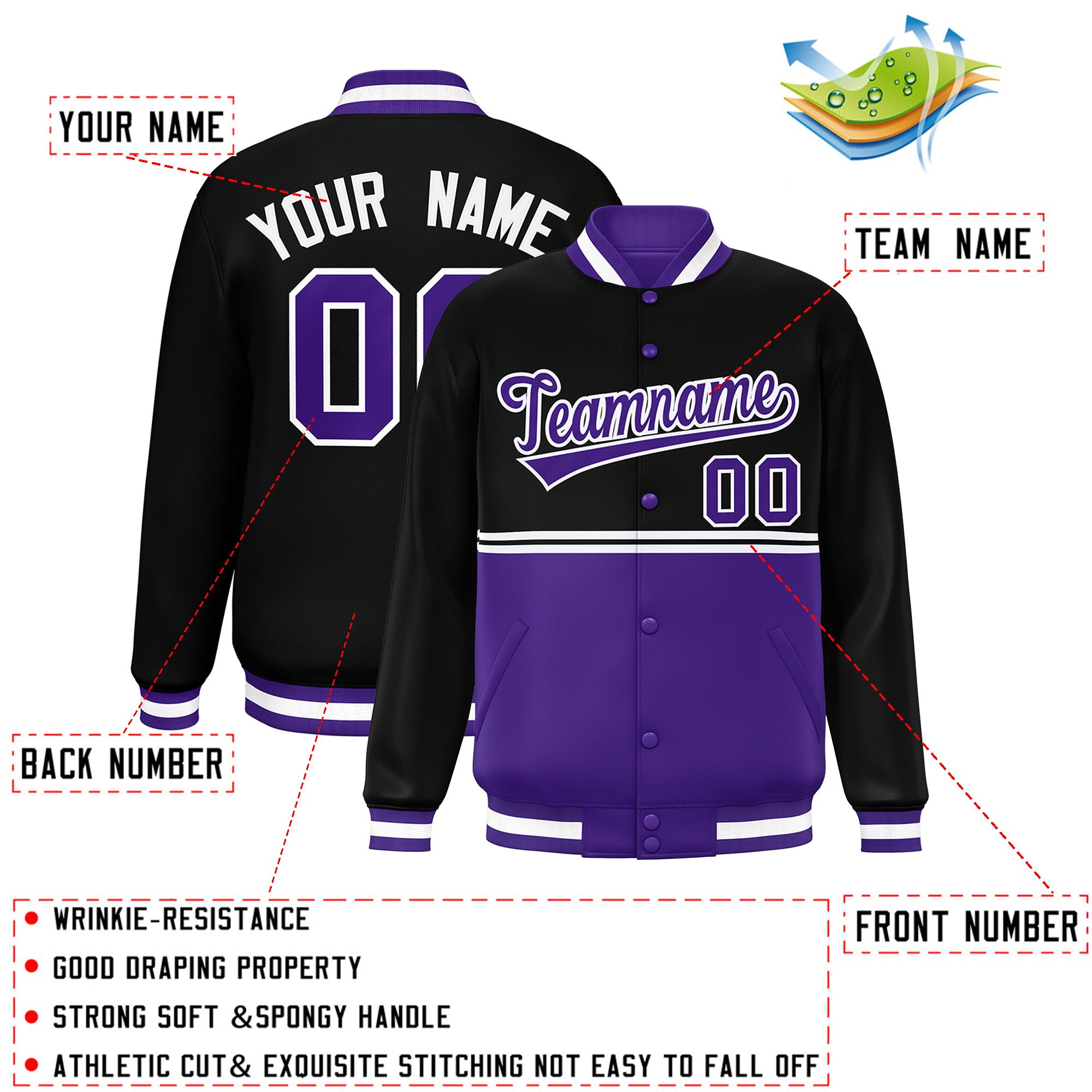 Custom Black Purple Varsity Full-Snap Color Block Letterman Jacket