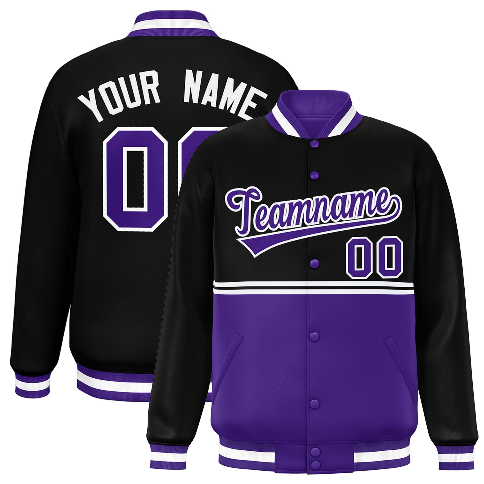 Custom Black Purple Varsity Full-Snap Color Block Letterman Jacket