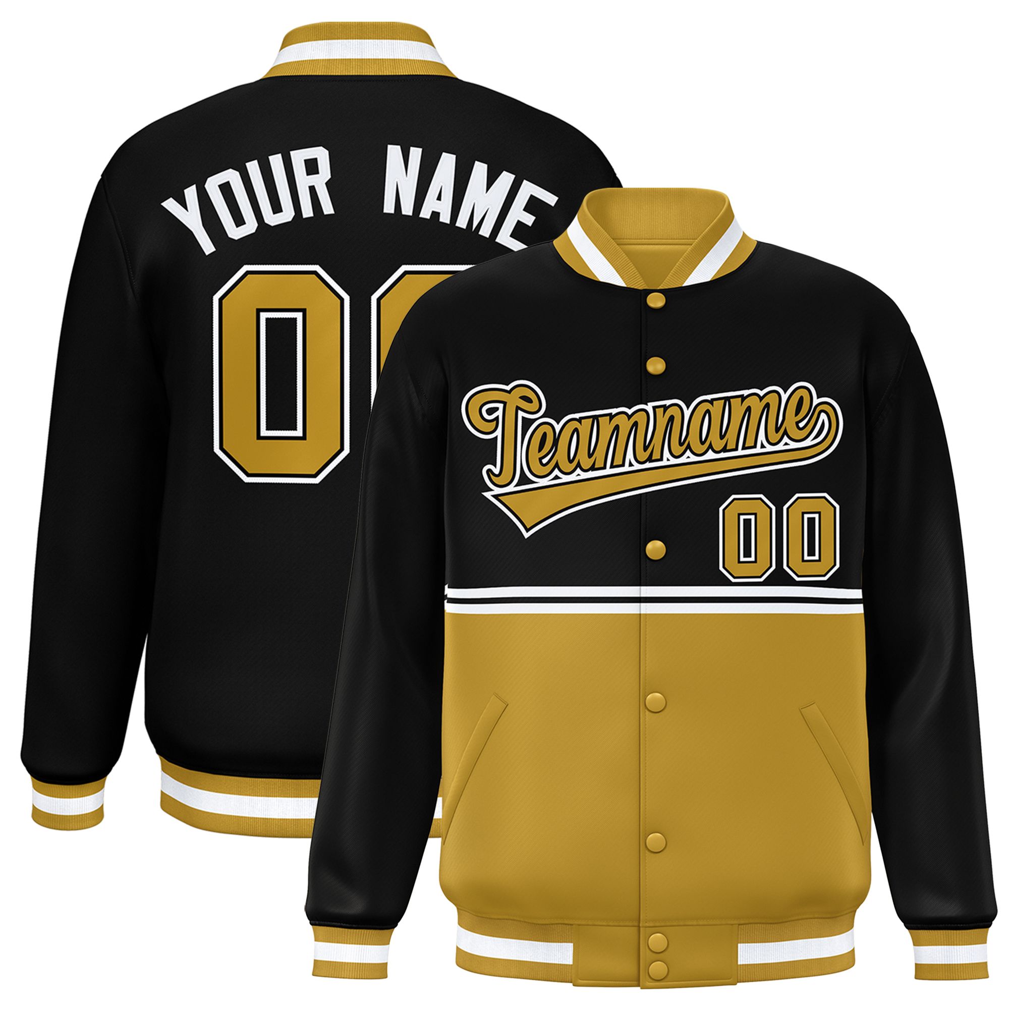 Custom Black Old Gold Varsity Full-Snap Color Block Letterman Jacket