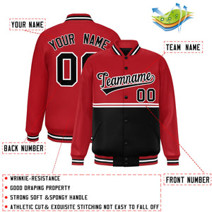 Custom Red Black Varsity Full-Snap Color Block Letterman Jacket