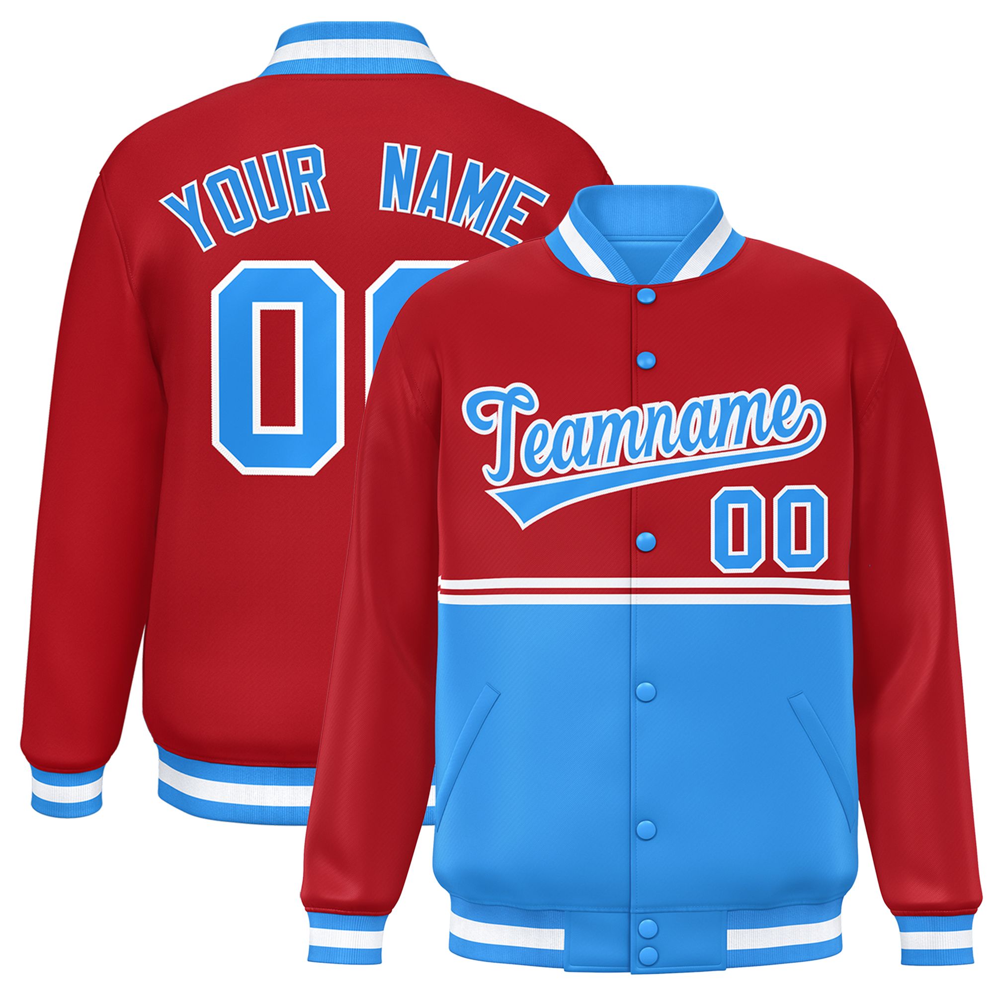 Custom Red Powder Blue Varsity Full-Snap Color Block Letterman Jacket