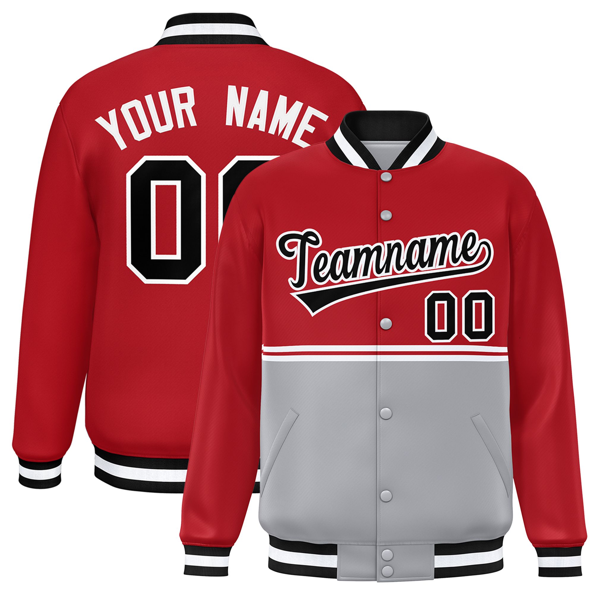 Custom Red Gray Varsity Full-Snap Color Block Letterman Jacket