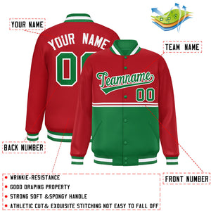 Custom Red Kelly Green Varsity Full-Snap Color Block Letterman Jacket