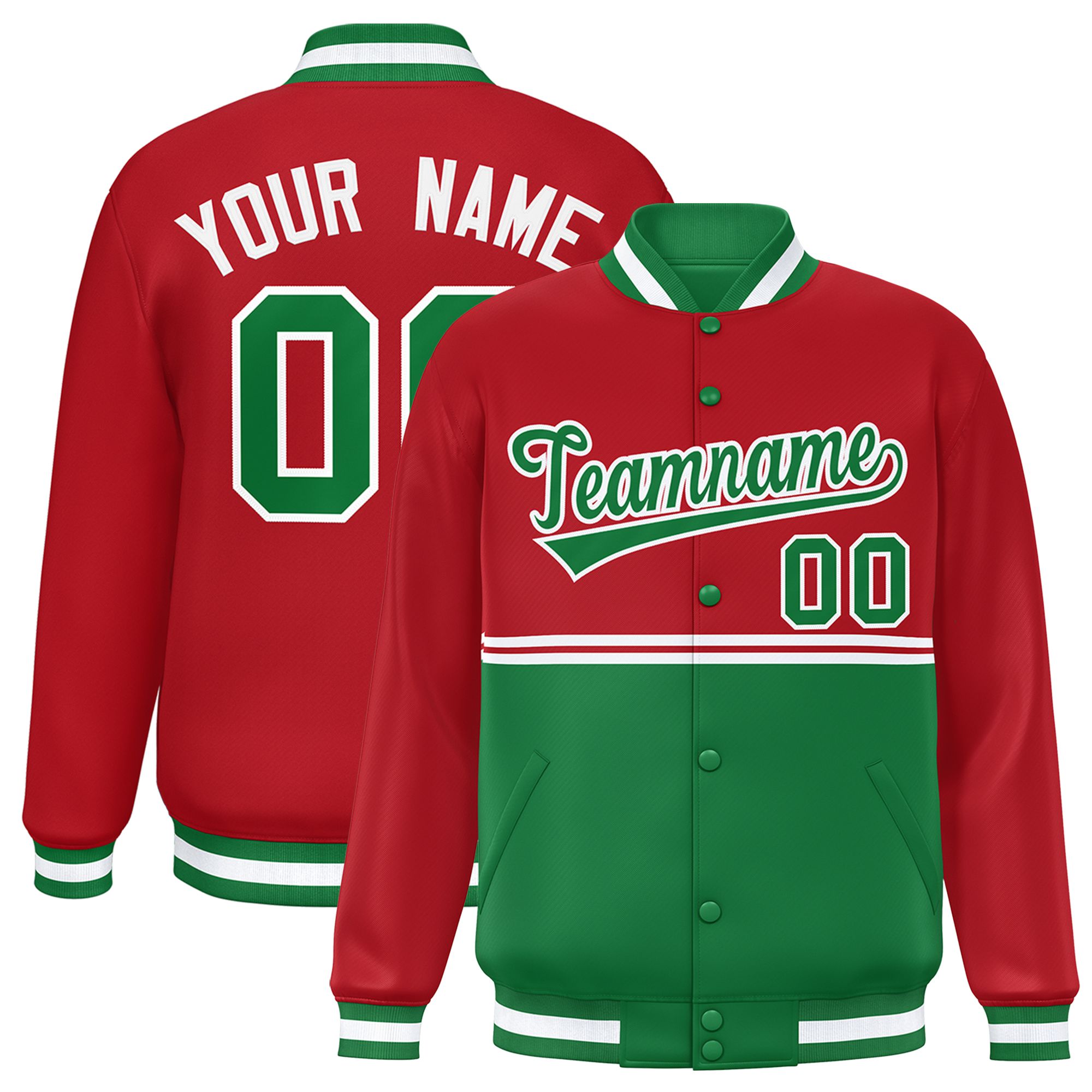 Custom Red Kelly Green Varsity Full-Snap Color Block Letterman Jacket