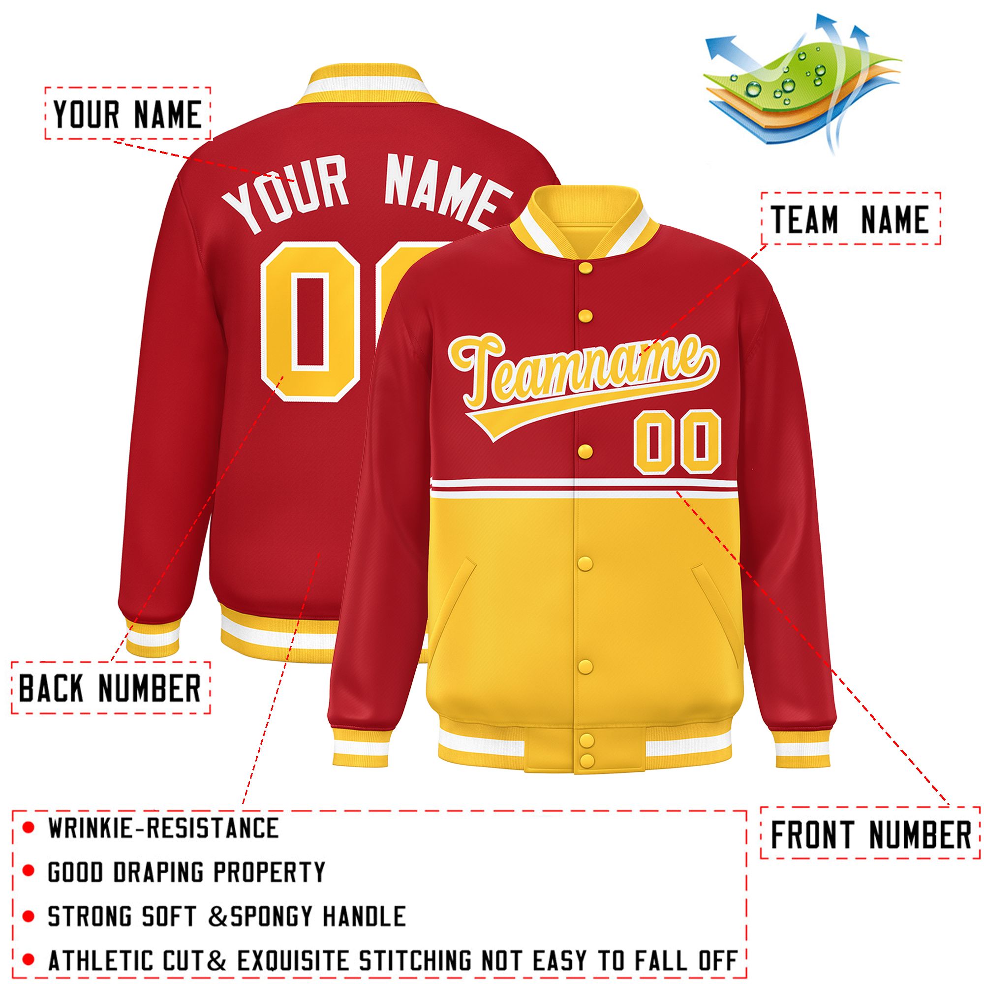 Custom Red Gold Varsity Full-Snap Color Block Letterman Jacket