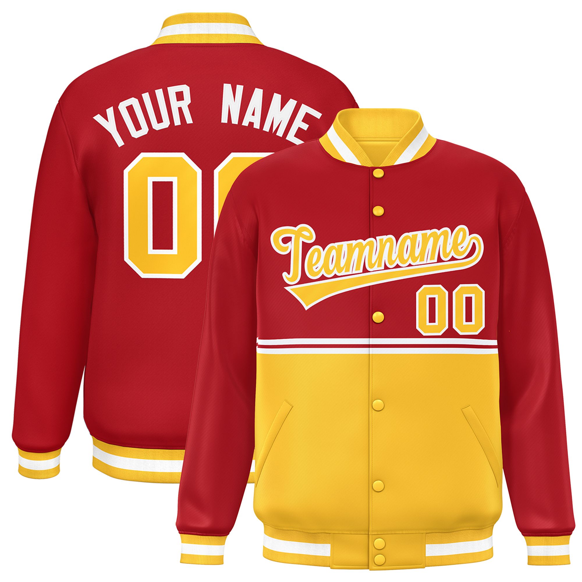 Custom Red Gold Varsity Full-Snap Color Block Letterman Jacket