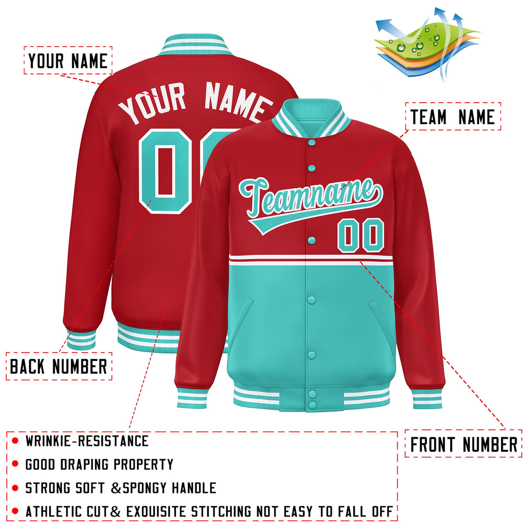 Custom Red Bright Green Varsity Full-Snap Color Block Letterman Jacket