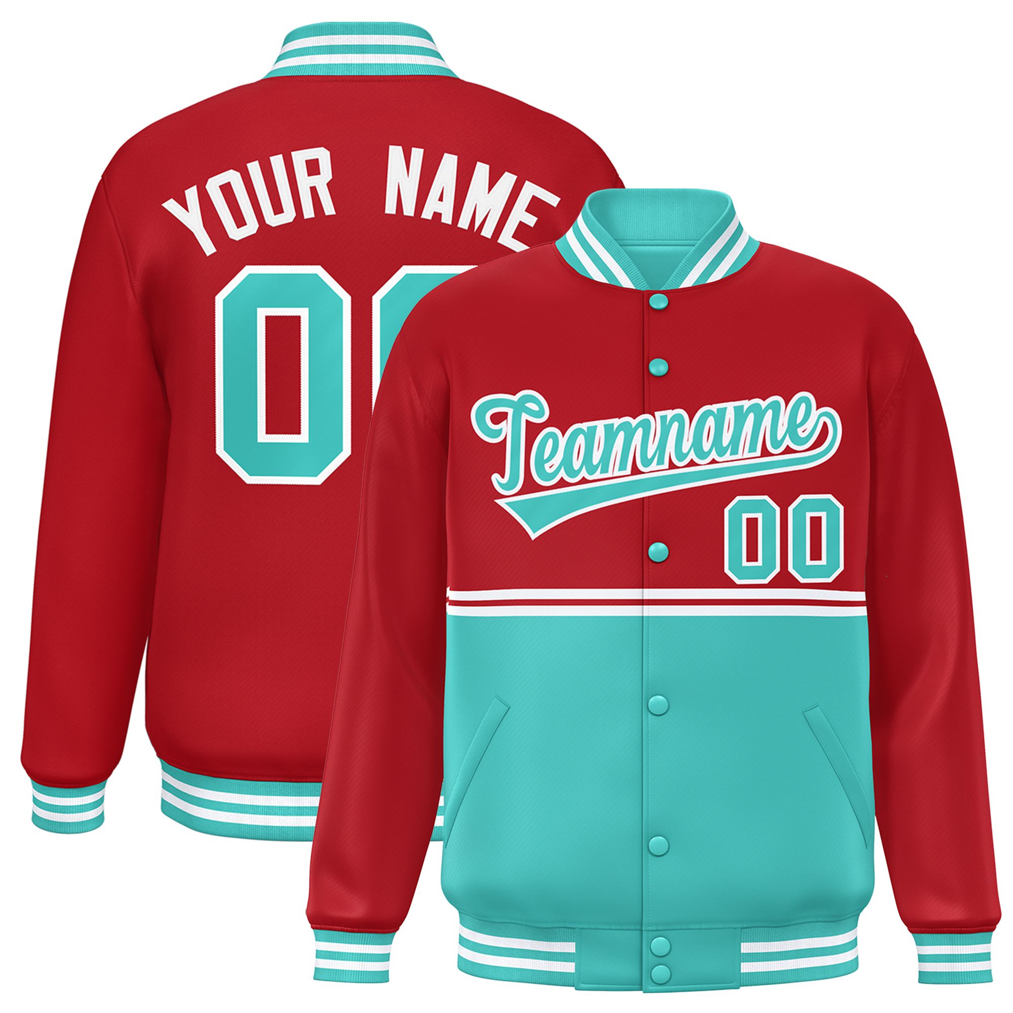 Custom Red Bright Green Varsity Full-Snap Color Block Letterman Jacket