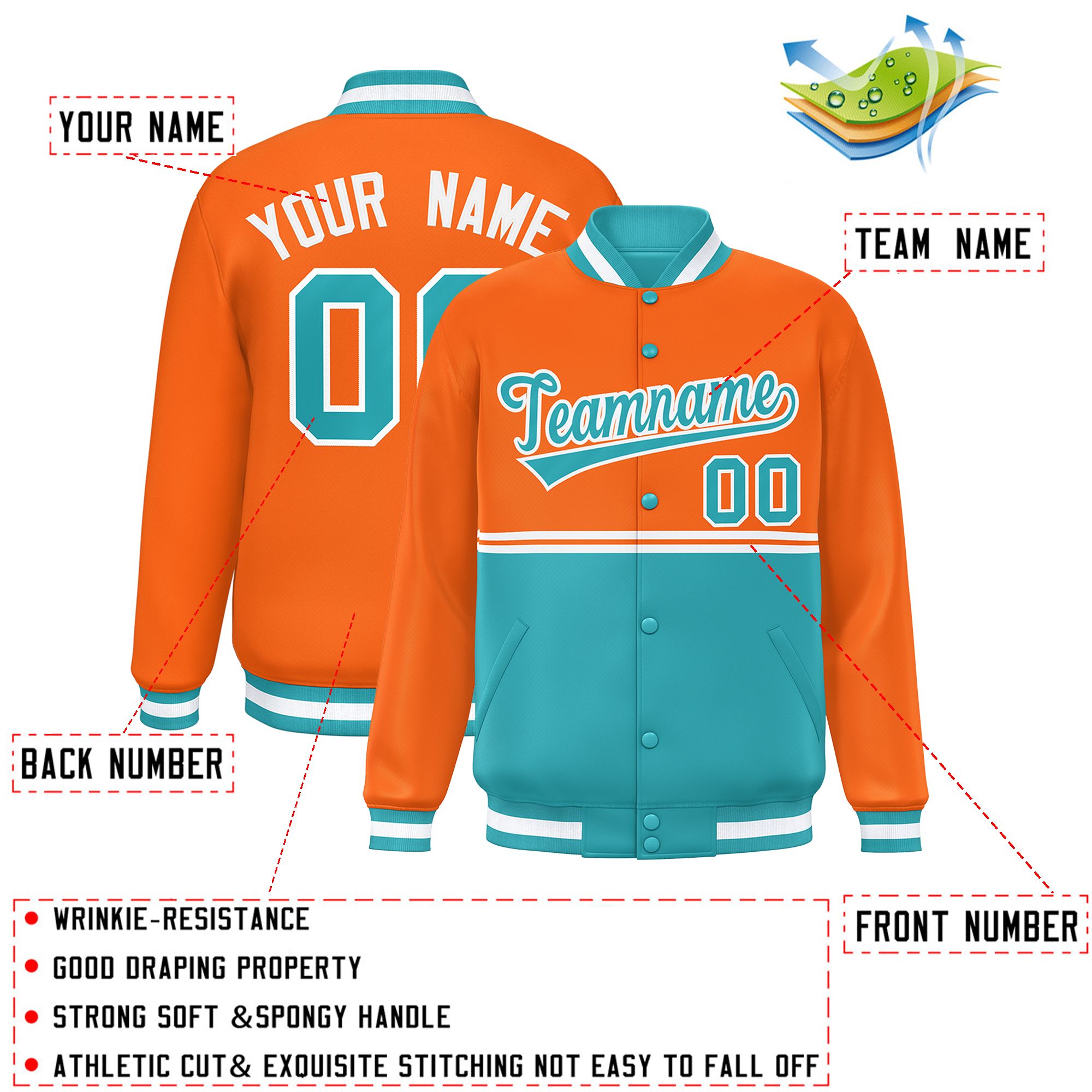 Custom Orange Aqua Varsity Full-Snap Color Block Letterman Jacket