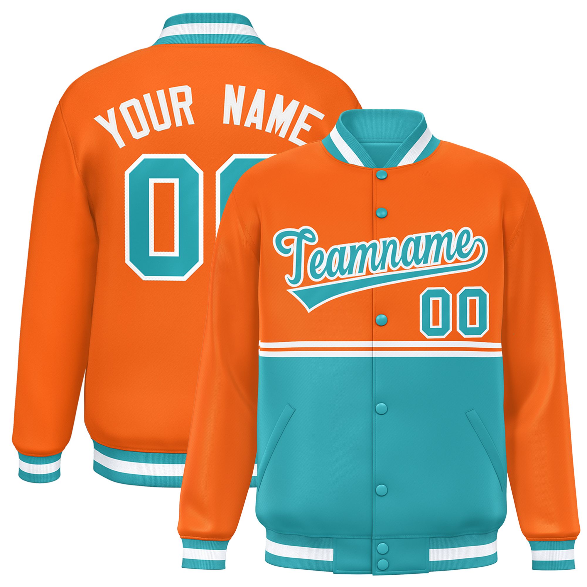 Custom Orange Aqua Varsity Full-Snap Color Block Letterman Jacket