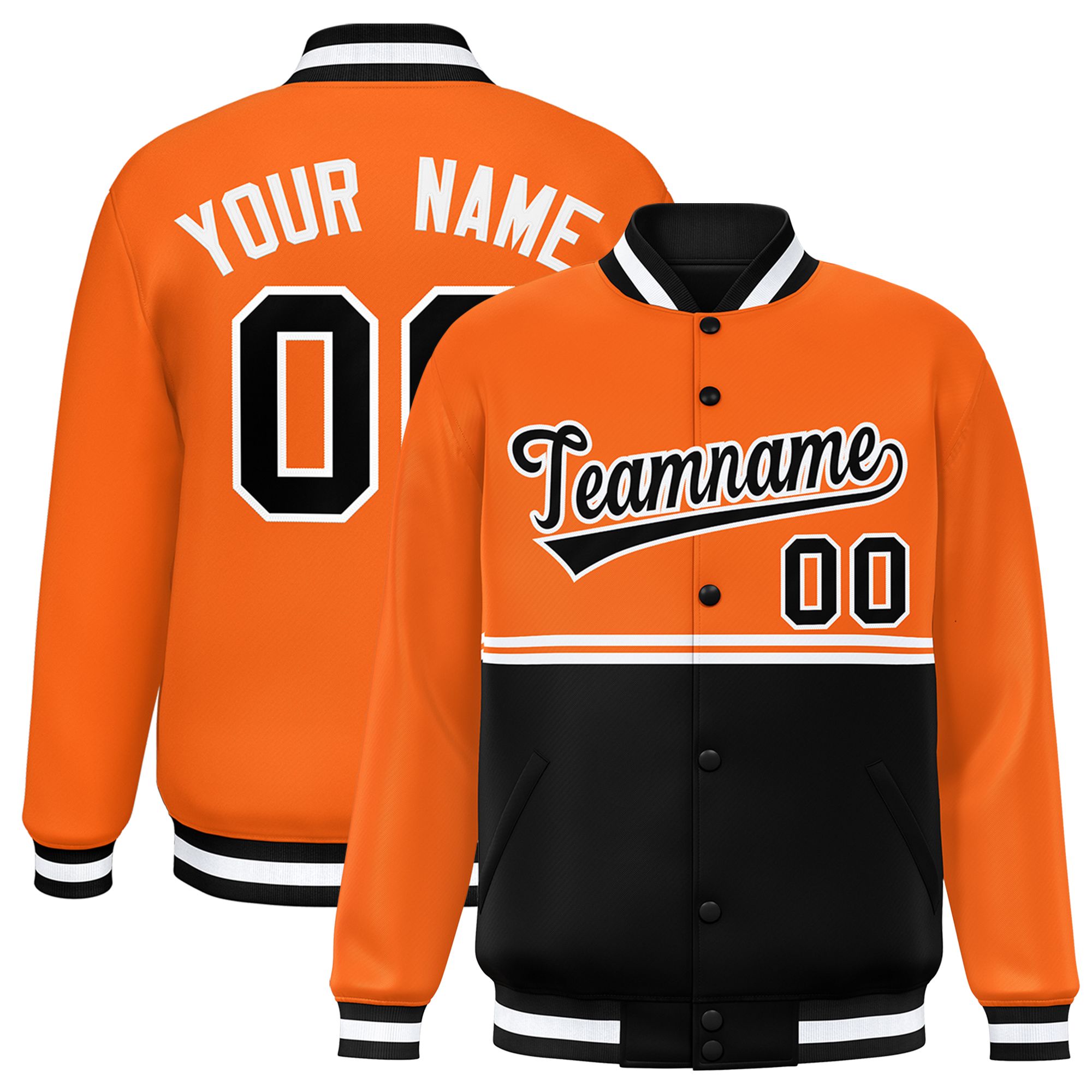 Custom Orange Black Varsity Full-Snap Color Block Letterman Jacket