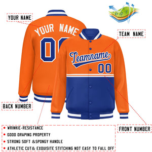 Custom Orange Royal Varsity Full-Snap Color Block Letterman Jacket