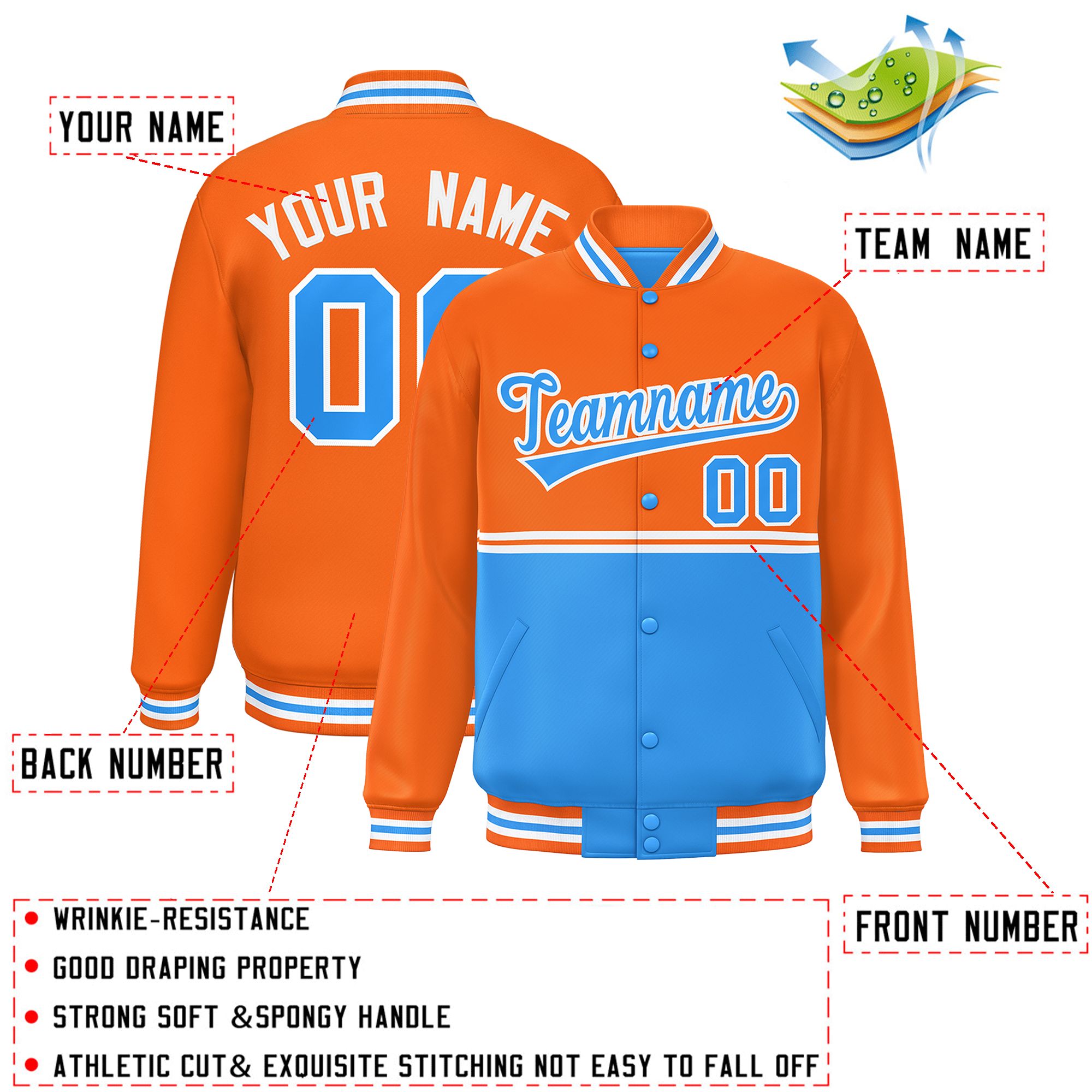 Custom Orange Powder Blue Varsity Full-Snap Color Block Letterman Jacket