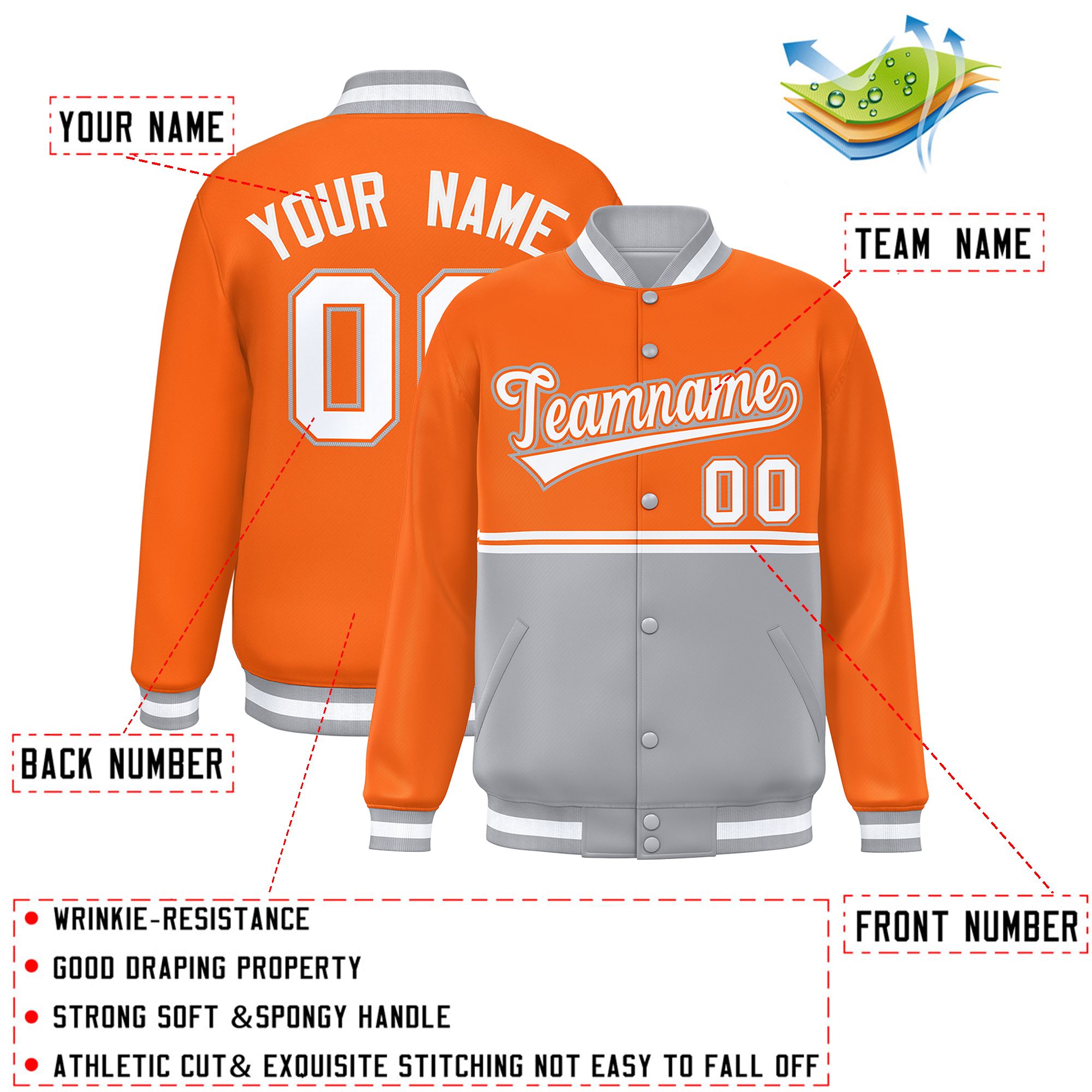 Custom Orange Gray Varsity Full-Snap Color Block Letterman Jacket