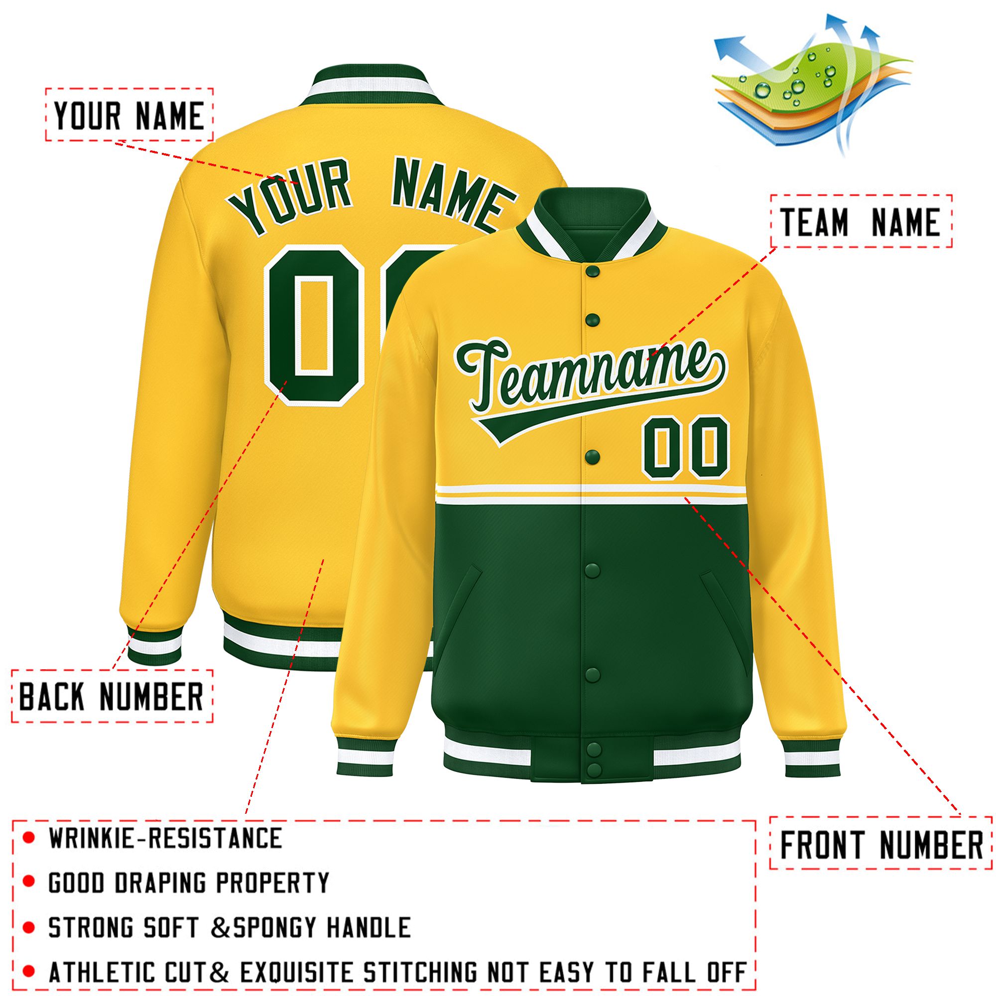 Custom Gold Green Varsity Full-Snap Color Block Letterman Jacket