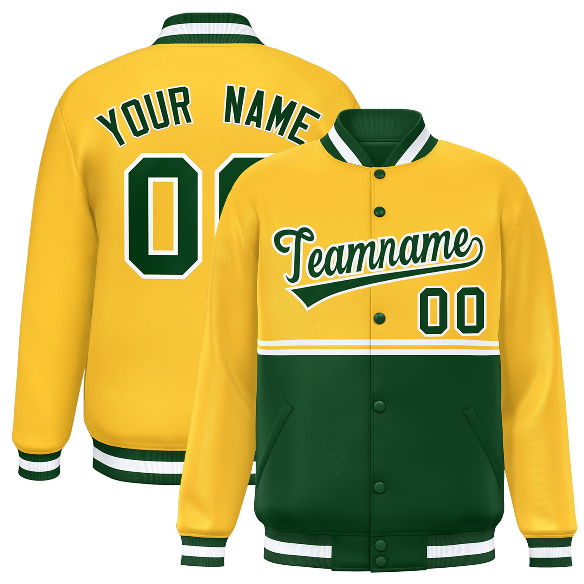 Custom Gold Green Varsity Full-Snap Color Block Letterman Jacket