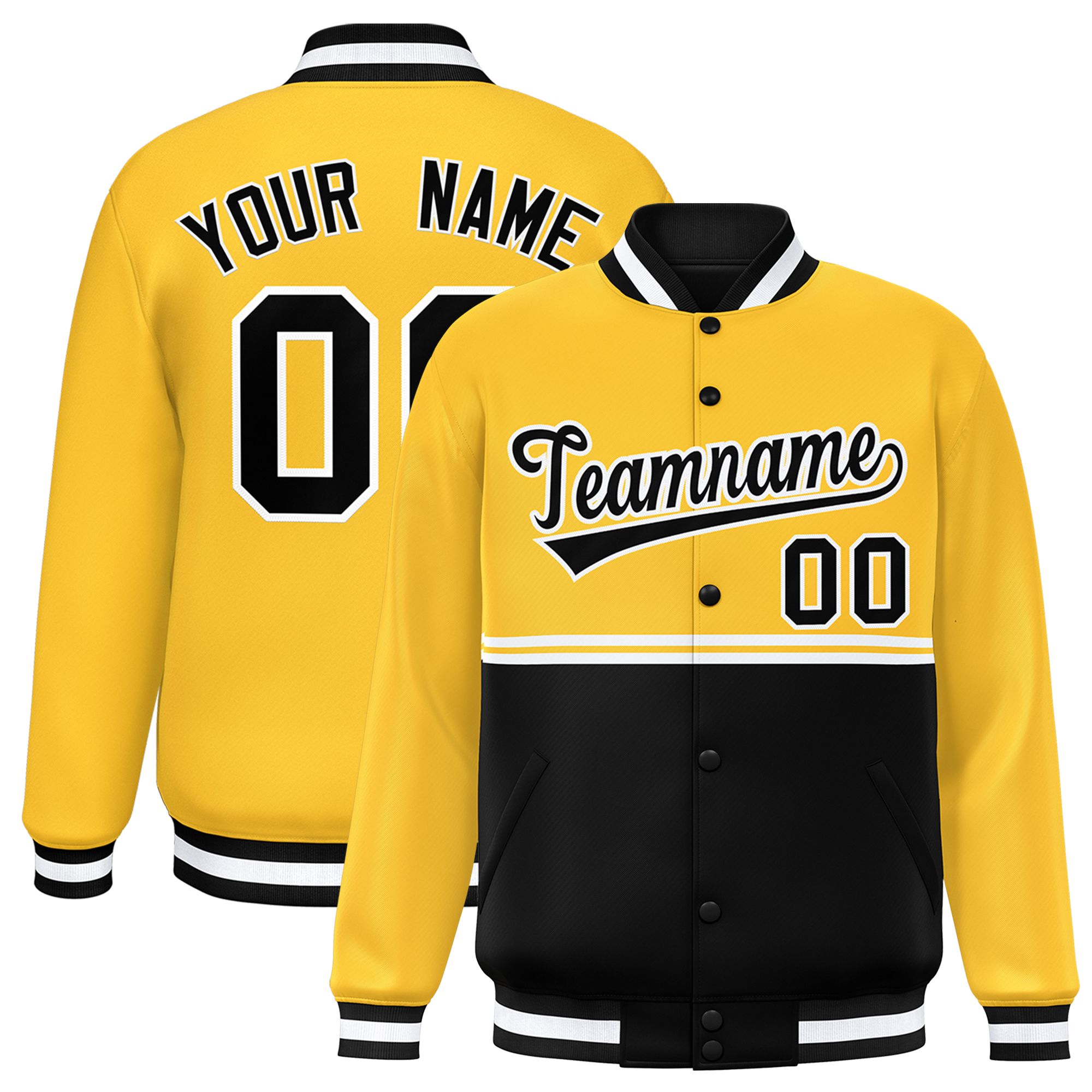 Custom Gold Black Varsity Full-Snap Color Block Letterman Jacket