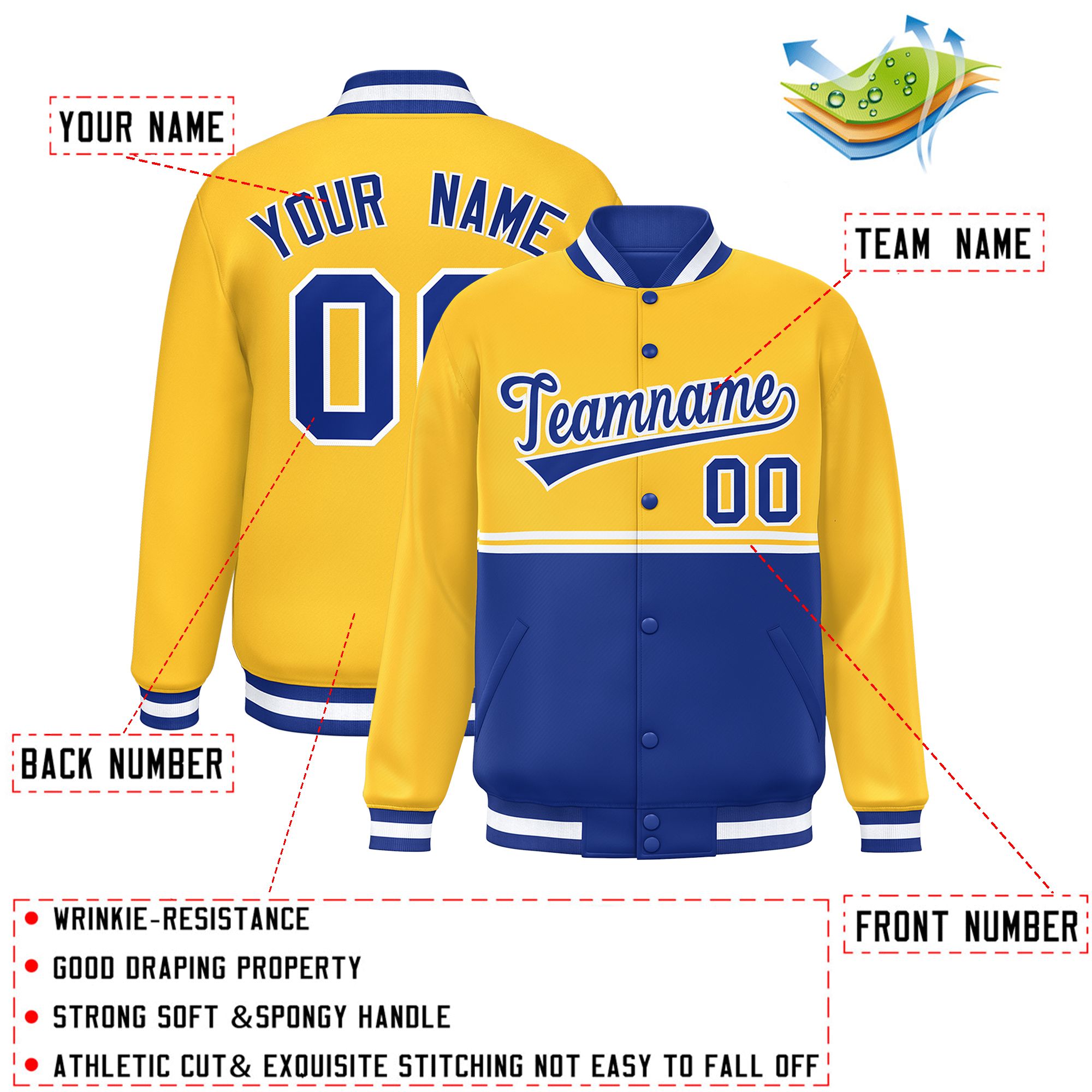 Custom Gold Royal Varsity Full-Snap Color Block Letterman Jacket