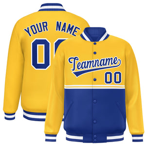 Custom Gold Royal Varsity Full-Snap Color Block Letterman Jacket