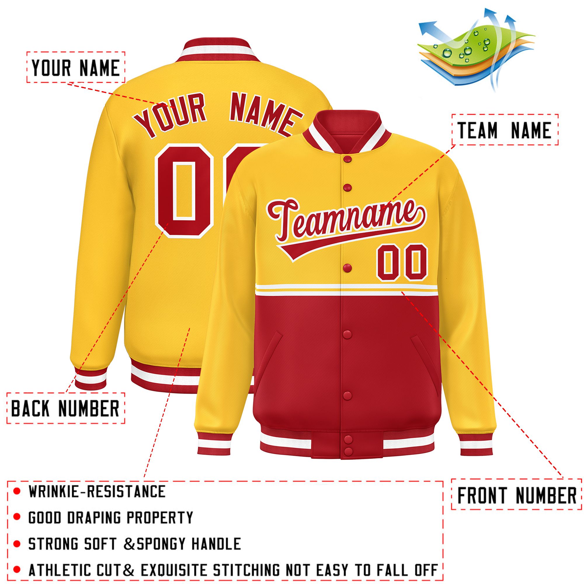 Custom Gold Red Varsity Full-Snap Color Block Letterman Jacket