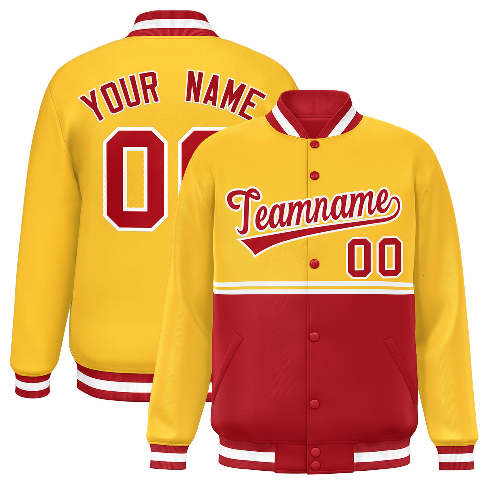 Custom Gold Red Varsity Full-Snap Color Block Letterman Jacket