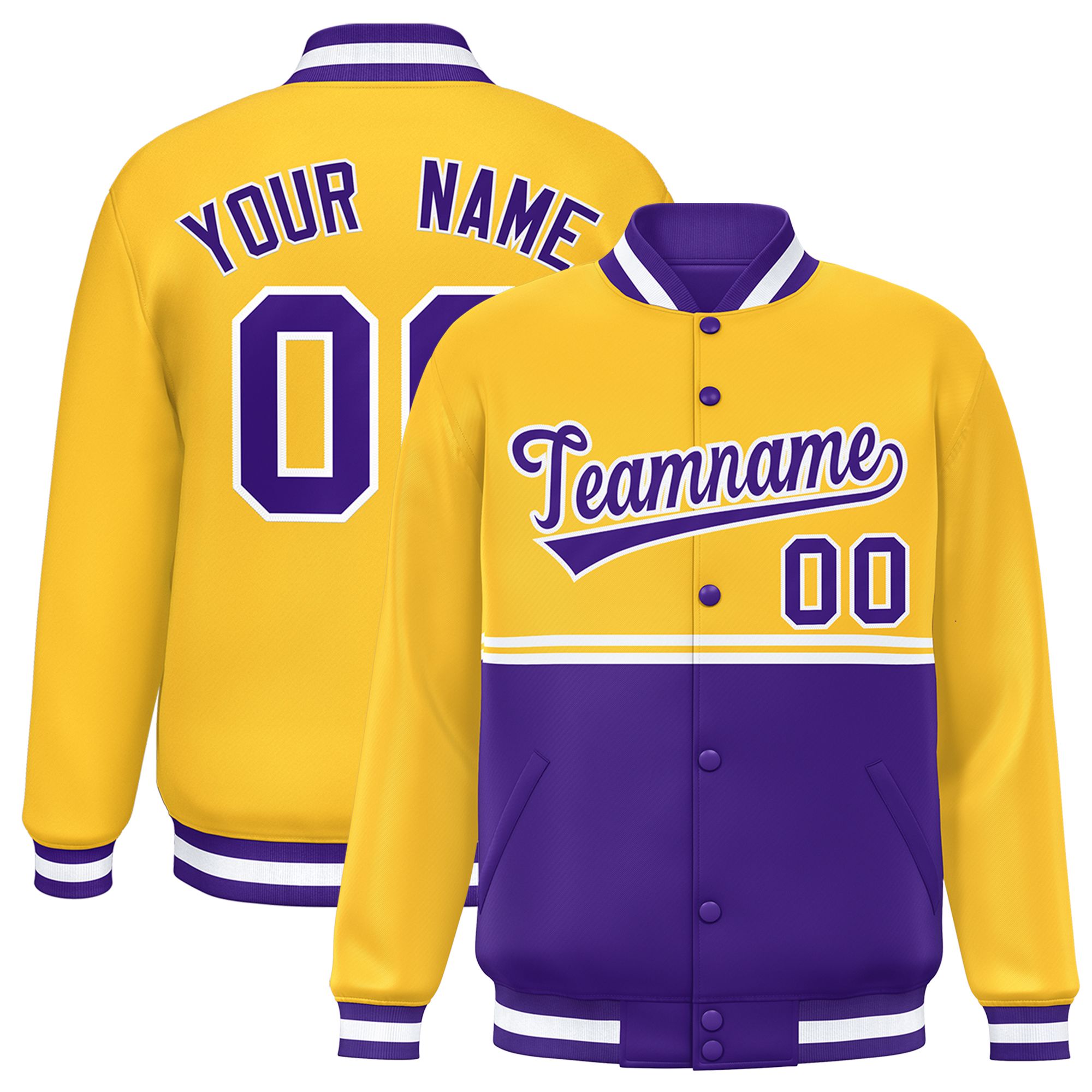 Custom Gold Purple Varsity Full-Snap Color Block Letterman Jacket