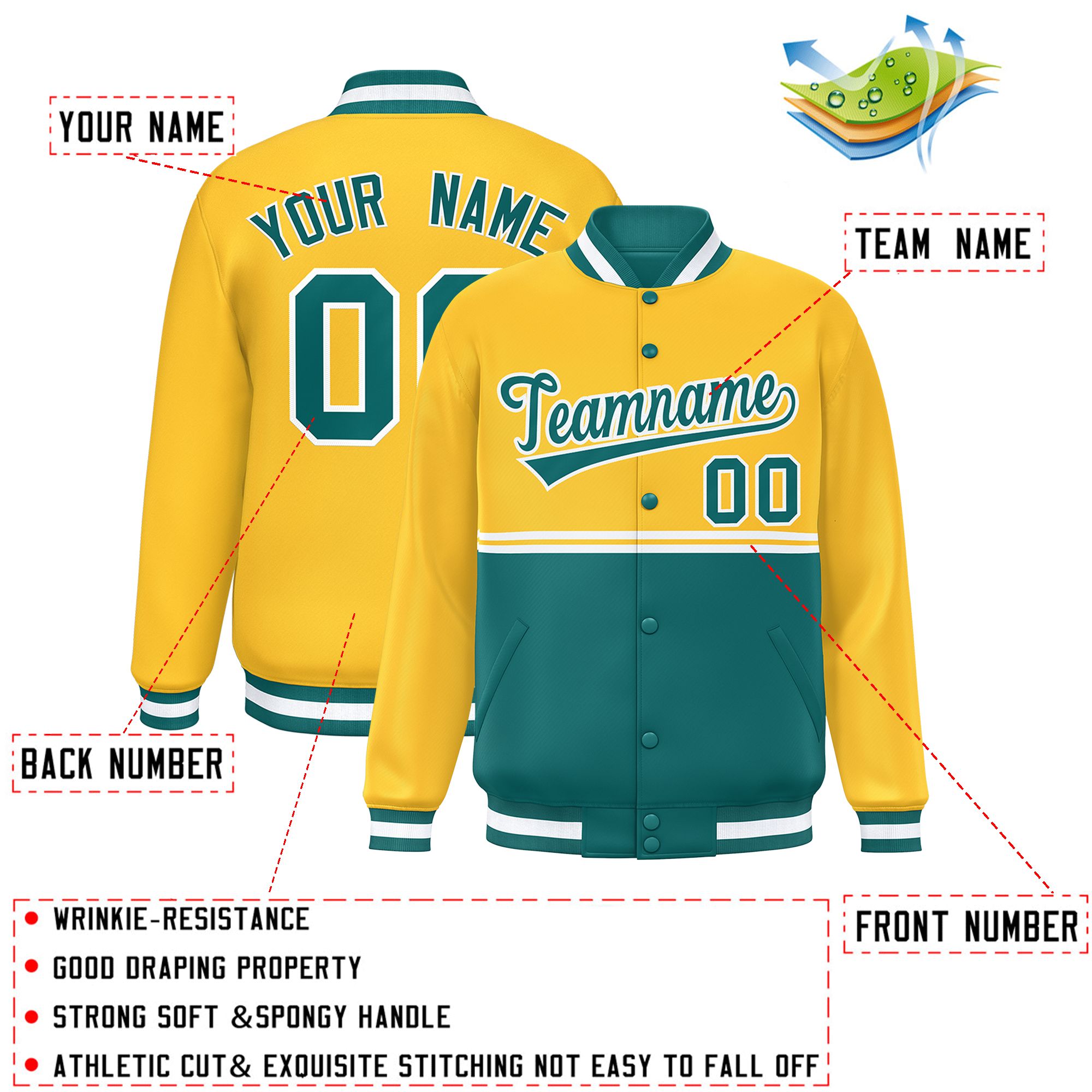 Custom Gold Aqua Varsity Full-Snap Color Block Letterman Jacket