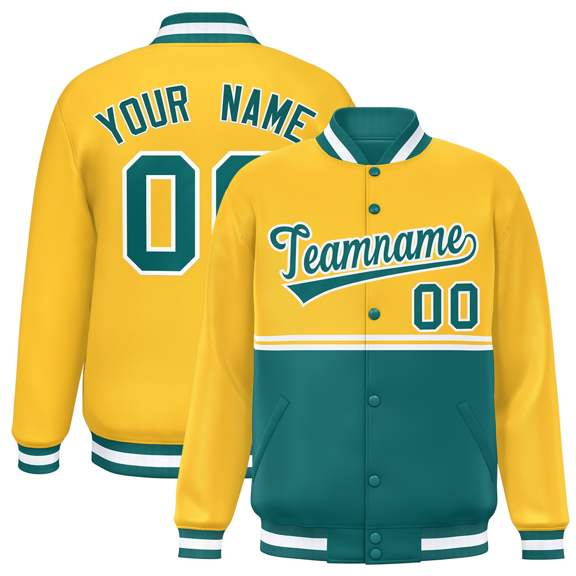 Custom Gold Aqua Varsity Full-Snap Color Block Letterman Jacket