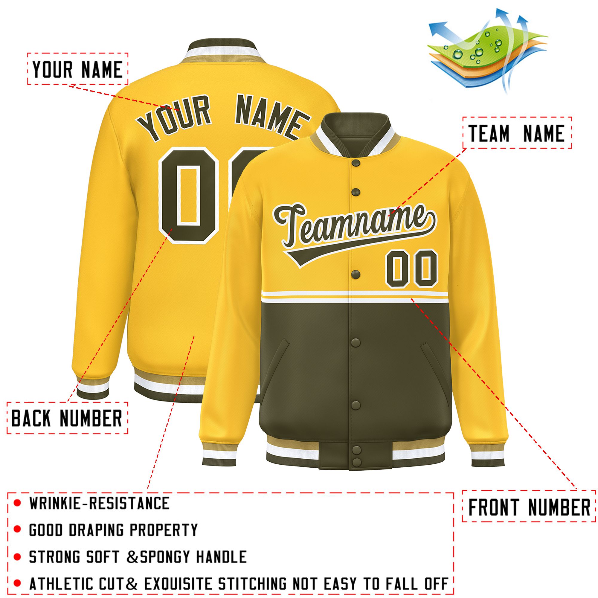 Custom Gold Olive Varsity Full-Snap Color Block Letterman Jacket