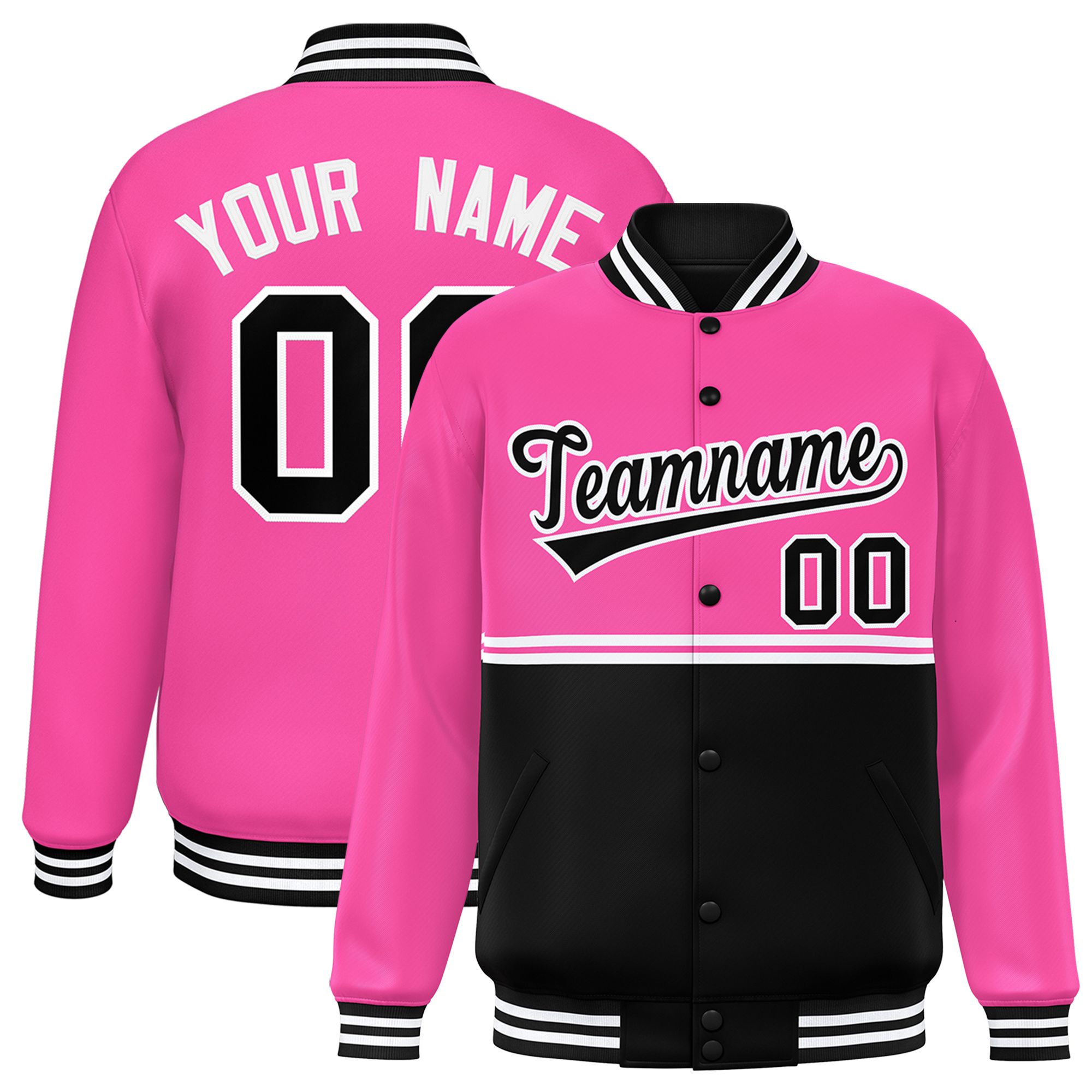 Custom Pink Black Varsity Full-Snap Color Block Letterman Jacket