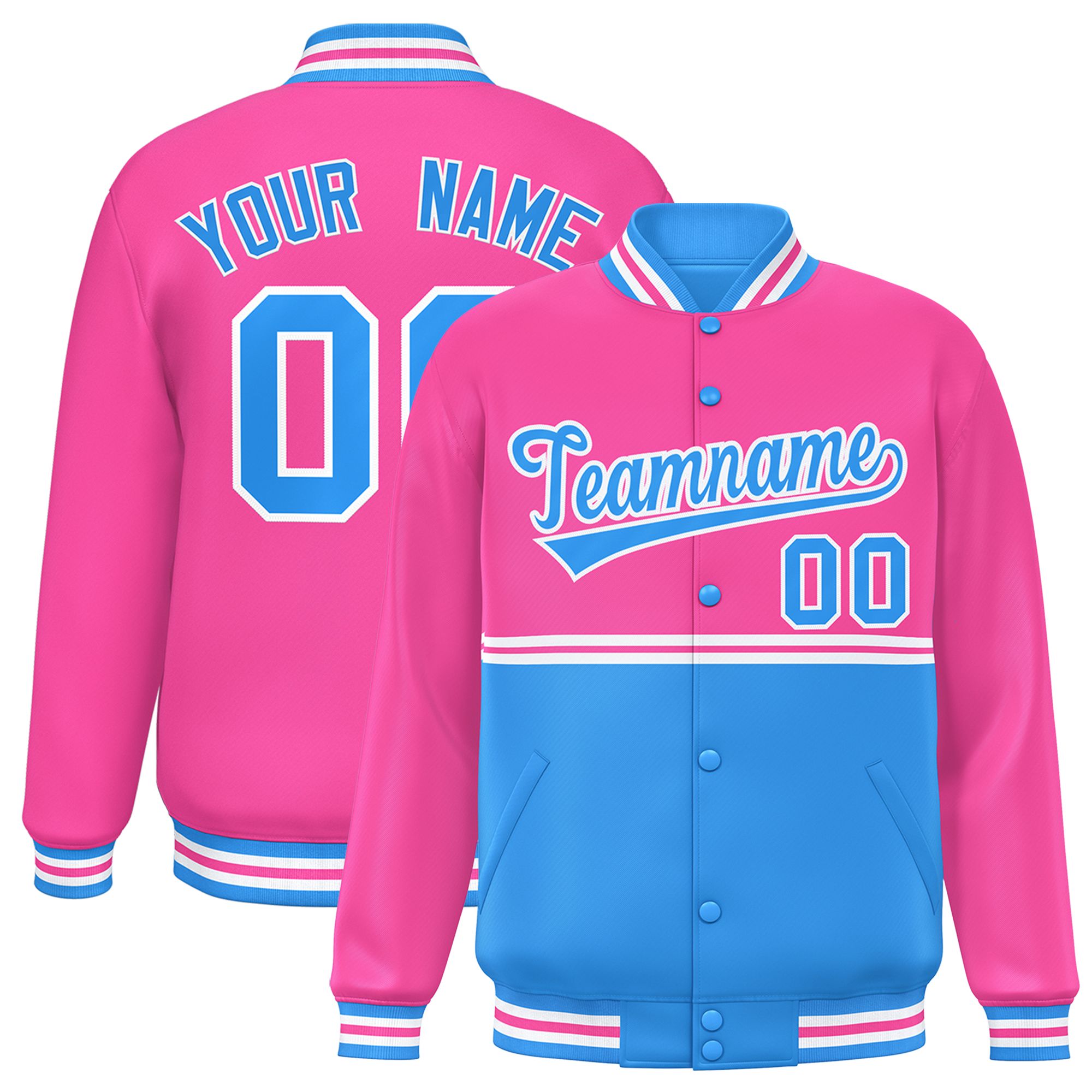 Custom Pink Powder Blue Varsity Full-Snap Color Block Letterman Jacket