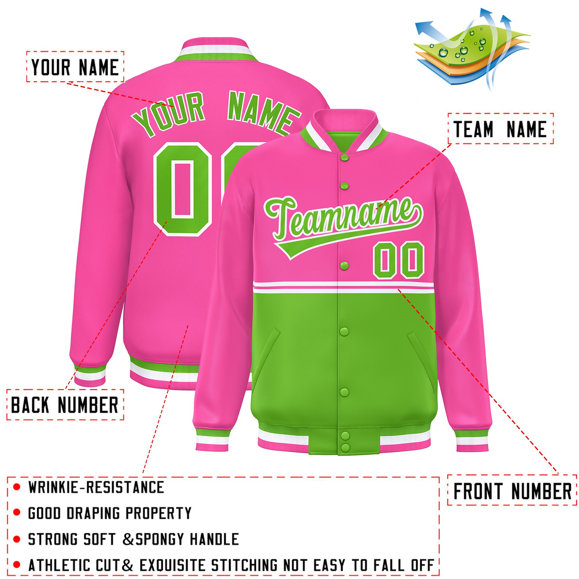 Custom Pink Green Varsity Full-Snap Color Block Letterman Jacket