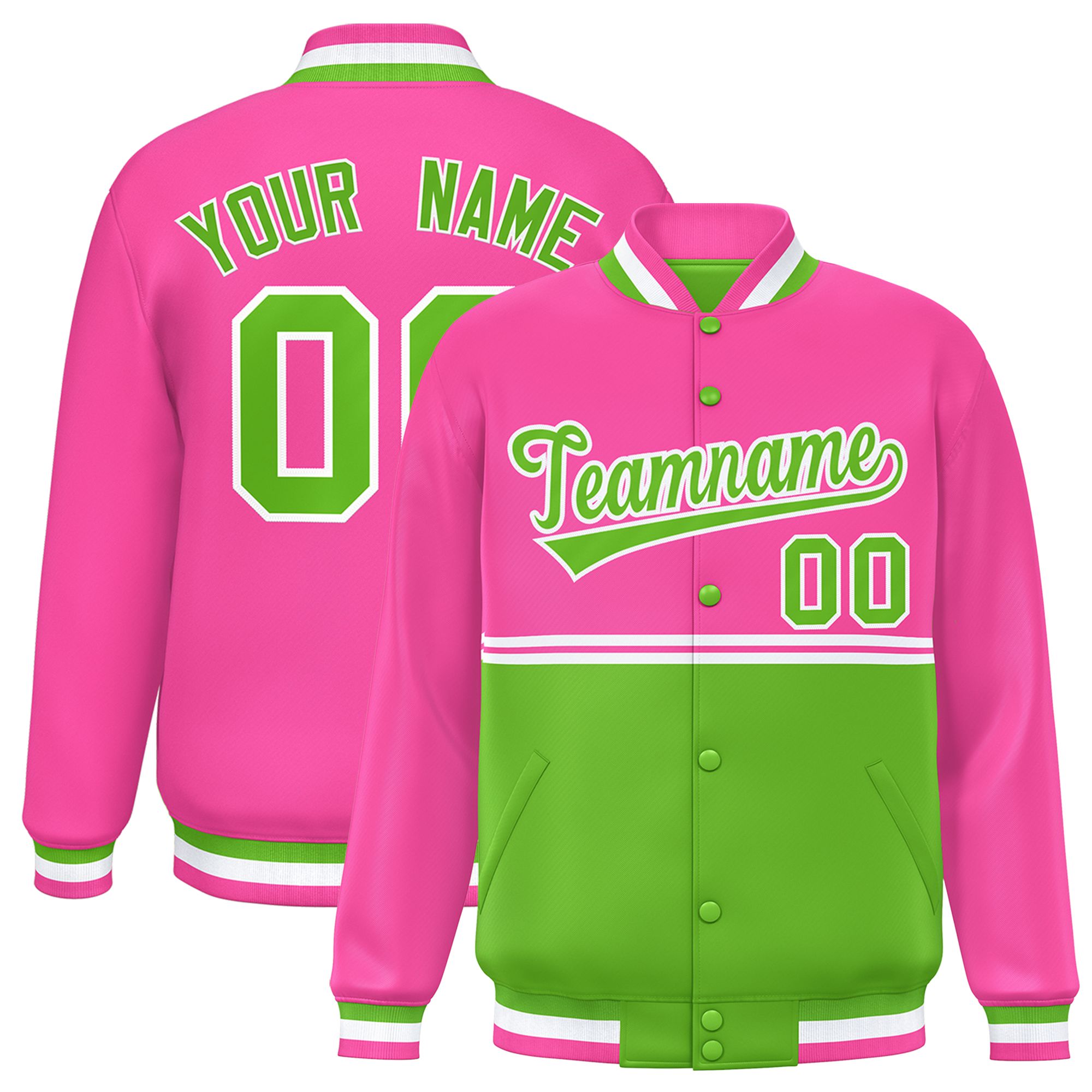 Custom Pink Green Varsity Full-Snap Color Block Letterman Jacket