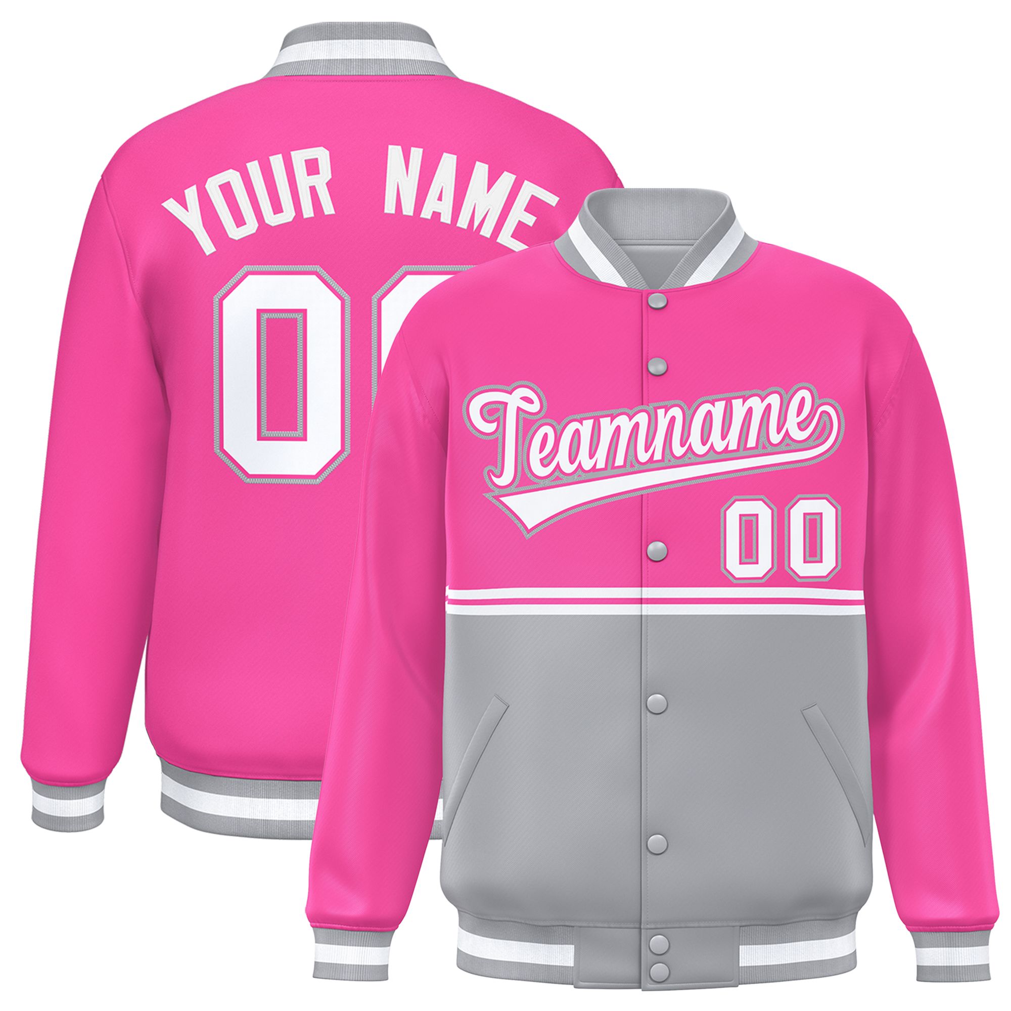 Custom Pink Gray Varsity Full-Snap Color Block Letterman Jacket