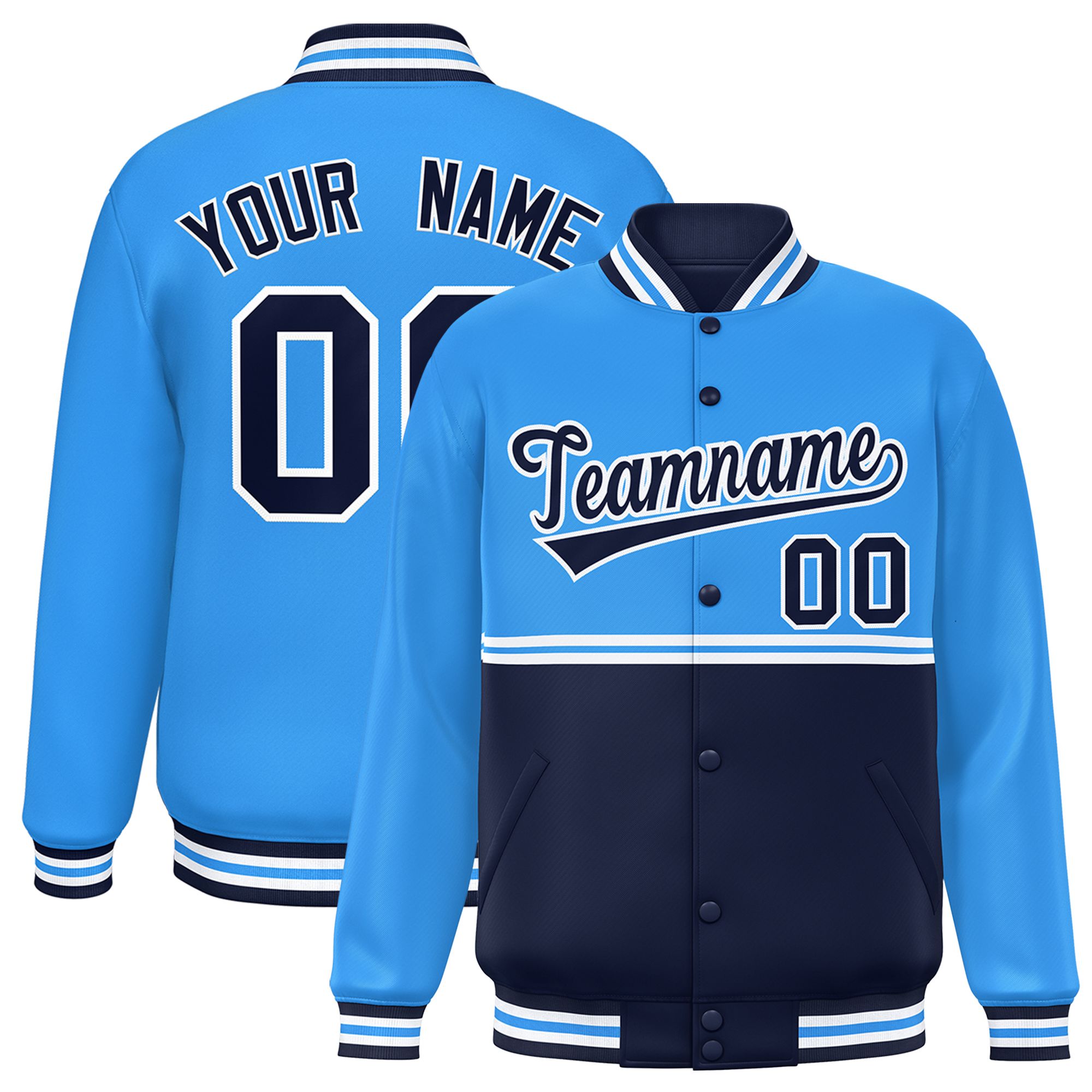 Custom Powder Blue Navy Varsity Full-Snap Color Block Letterman Jacket