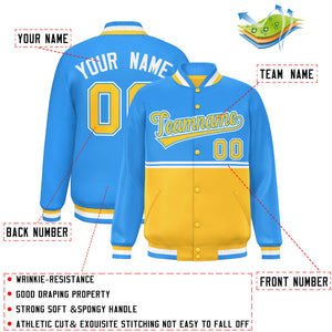 Custom Powder Blue Gold Varsity Full-Snap Color Block Letterman Jacket