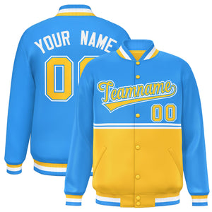 Custom Powder Blue Gold Varsity Full-Snap Color Block Letterman Jacket