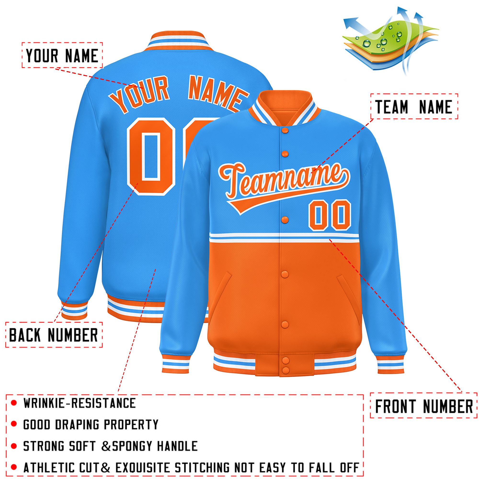 Custom Powder Blue Orange Varsity Full-Snap Color Block Letterman Jacket