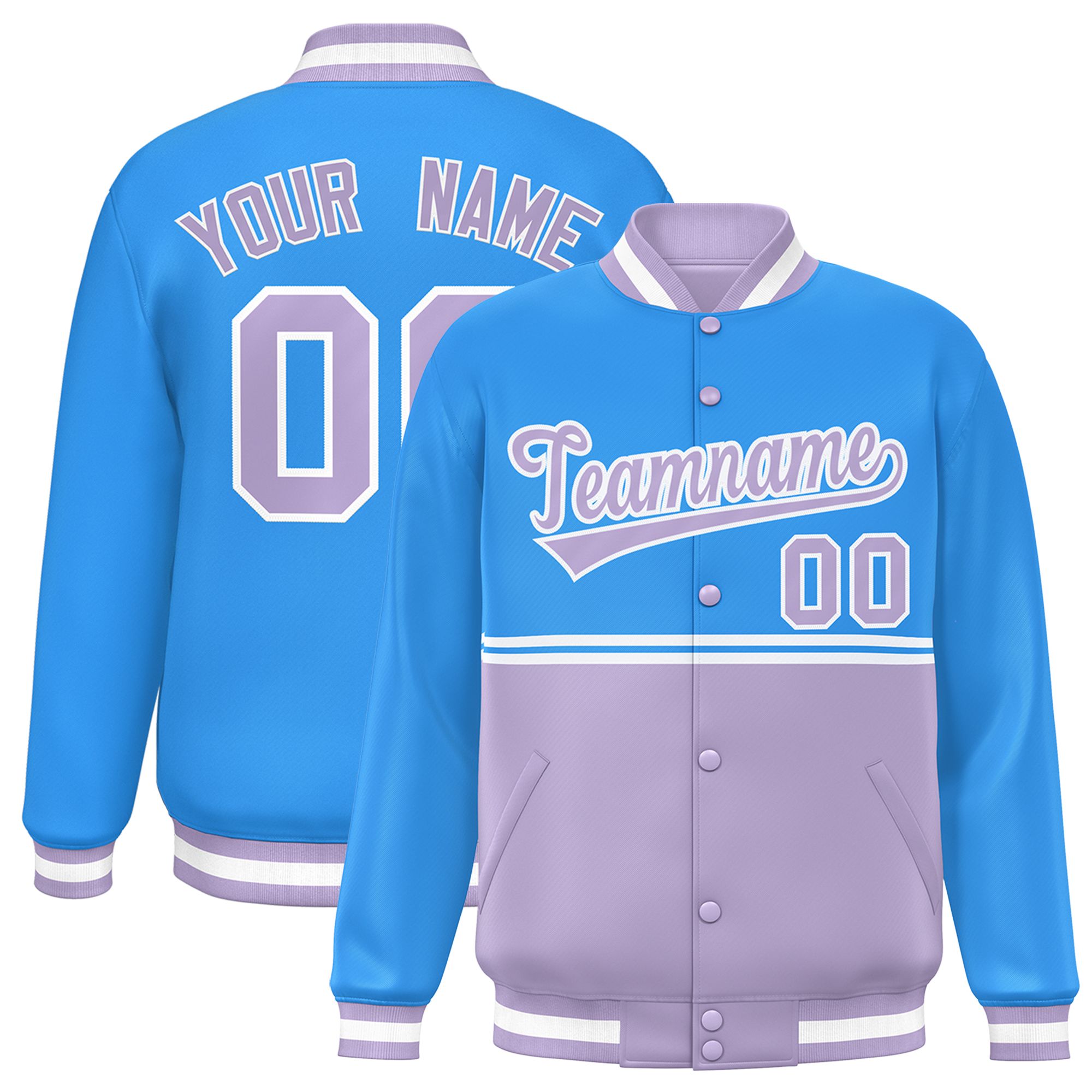 Custom Powder Blue Light Purple Varsity Full-Snap Color Block Letterman Jacket