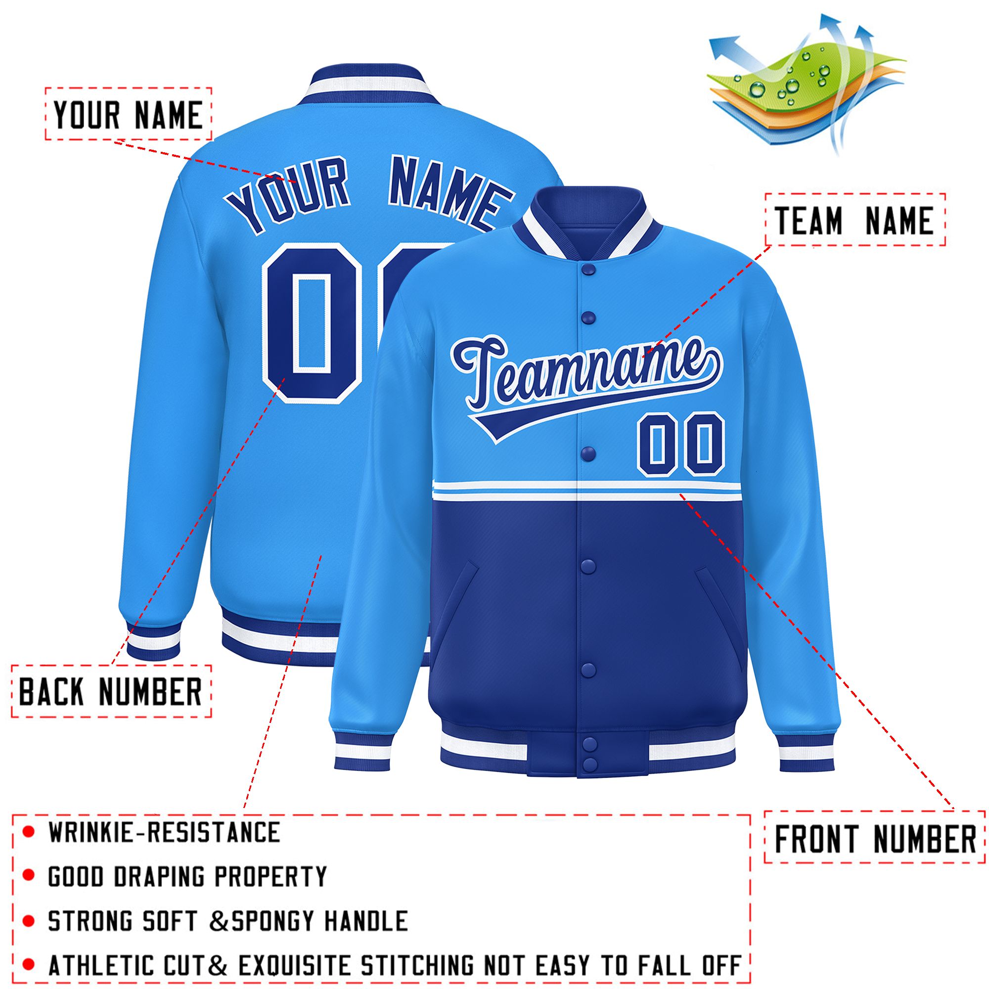 Custom Powder Blue Royal Varsity Full-Snap Color Block Letterman Jacket