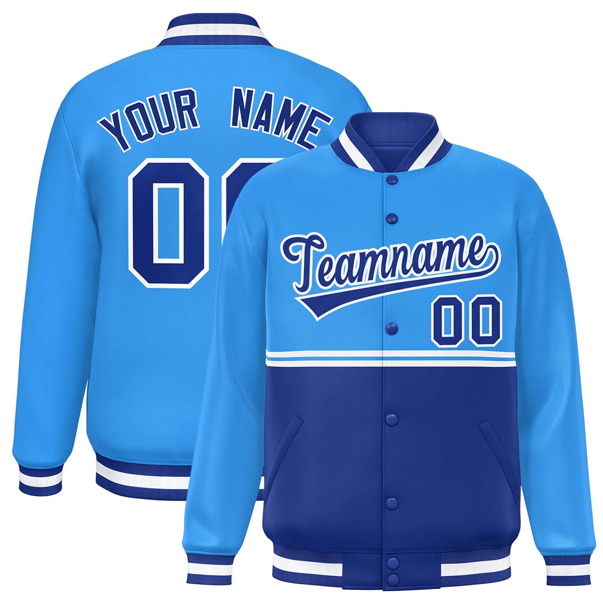 Custom Powder Blue Royal Varsity Full-Snap Color Block Letterman Jacket