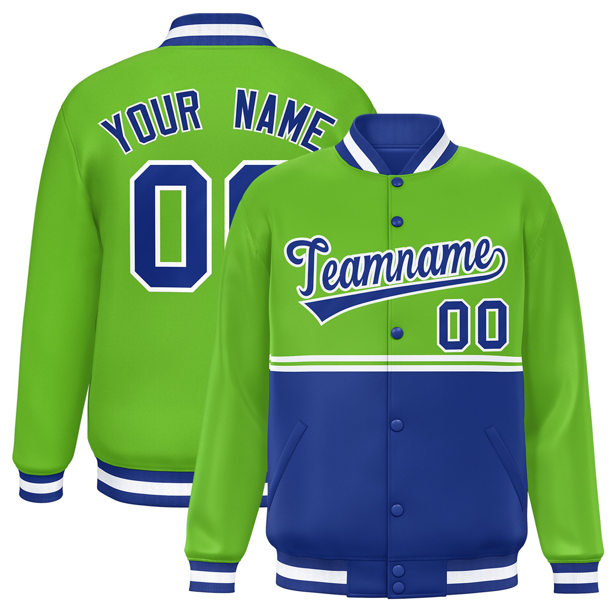 Custom Green Royal Varsity Full-Snap Color Block Letterman Jacket