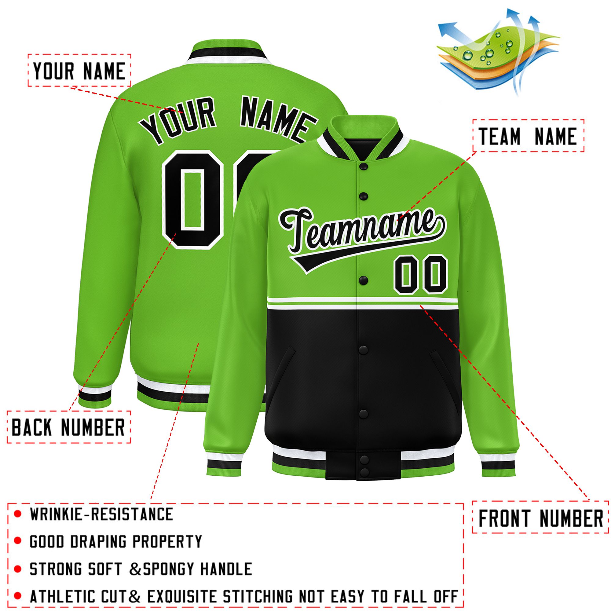 Custom Green Black Varsity Full-Snap Color Block Letterman Jacket