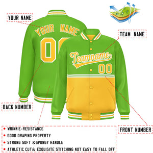 Custom Green Gold Varsity Full-Snap Color Block Letterman Jacket