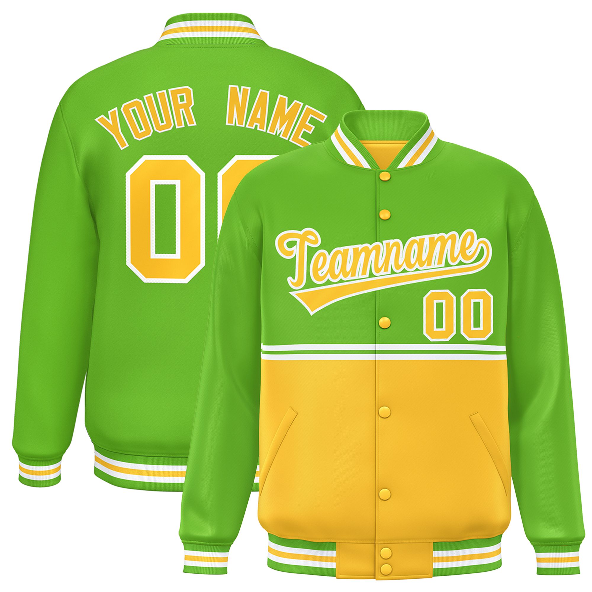 Custom Green Gold Varsity Full-Snap Color Block Letterman Jacket